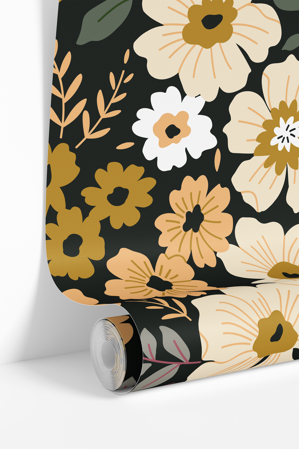 rolled charcoal floral wallpaper showing cream gold white and gray blooms with layered leaves