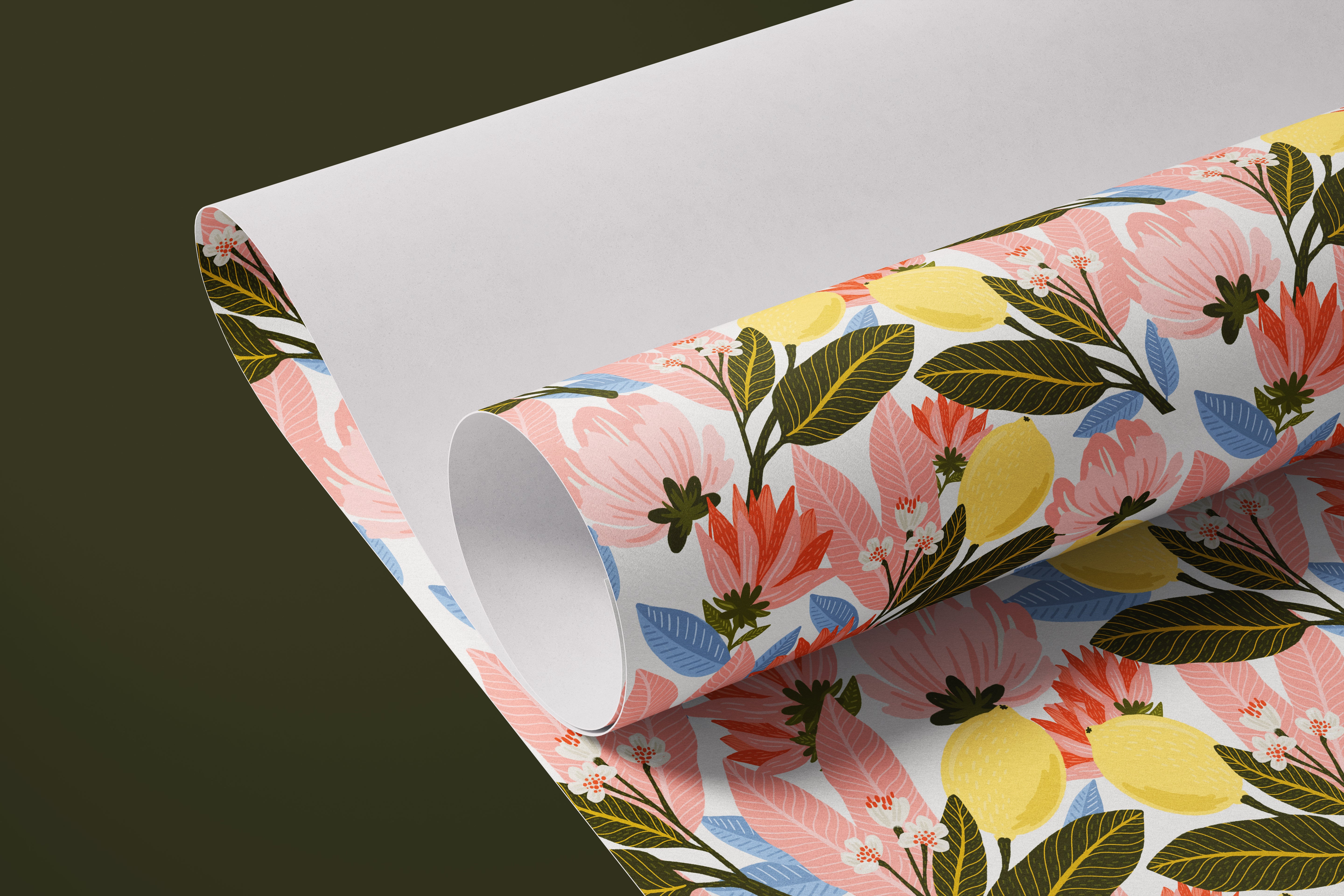 Contact Paper 810: A bright tropical contact paper featuring vibrant lemons, hand-drawn flowers, and rich green foliage, creating a lively and playful Mediterranean-inspired aesthetic.