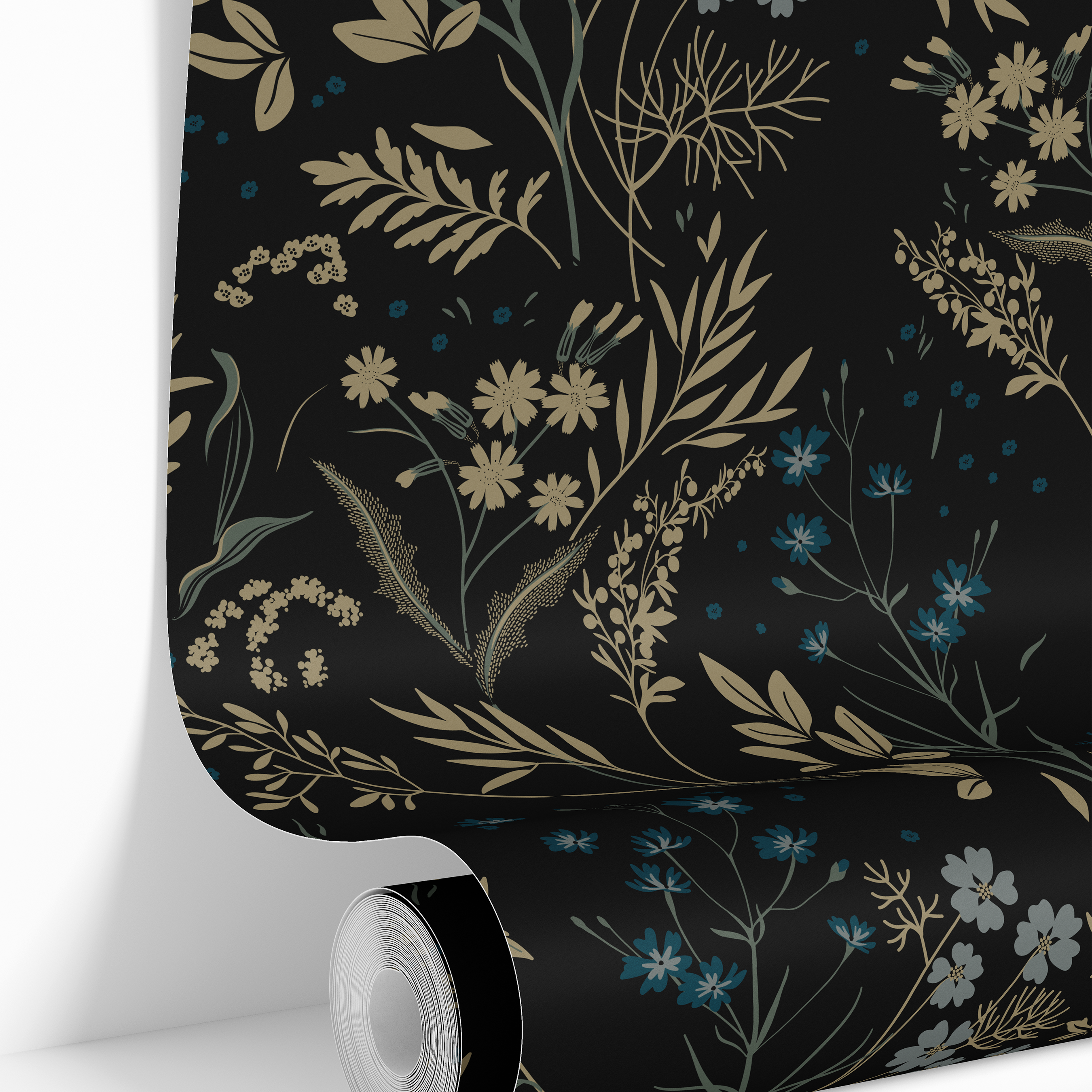 Roll of Blackmoor wallpaper featuring muted gold, teal, gray, and olive wildflowers on a deep black background.