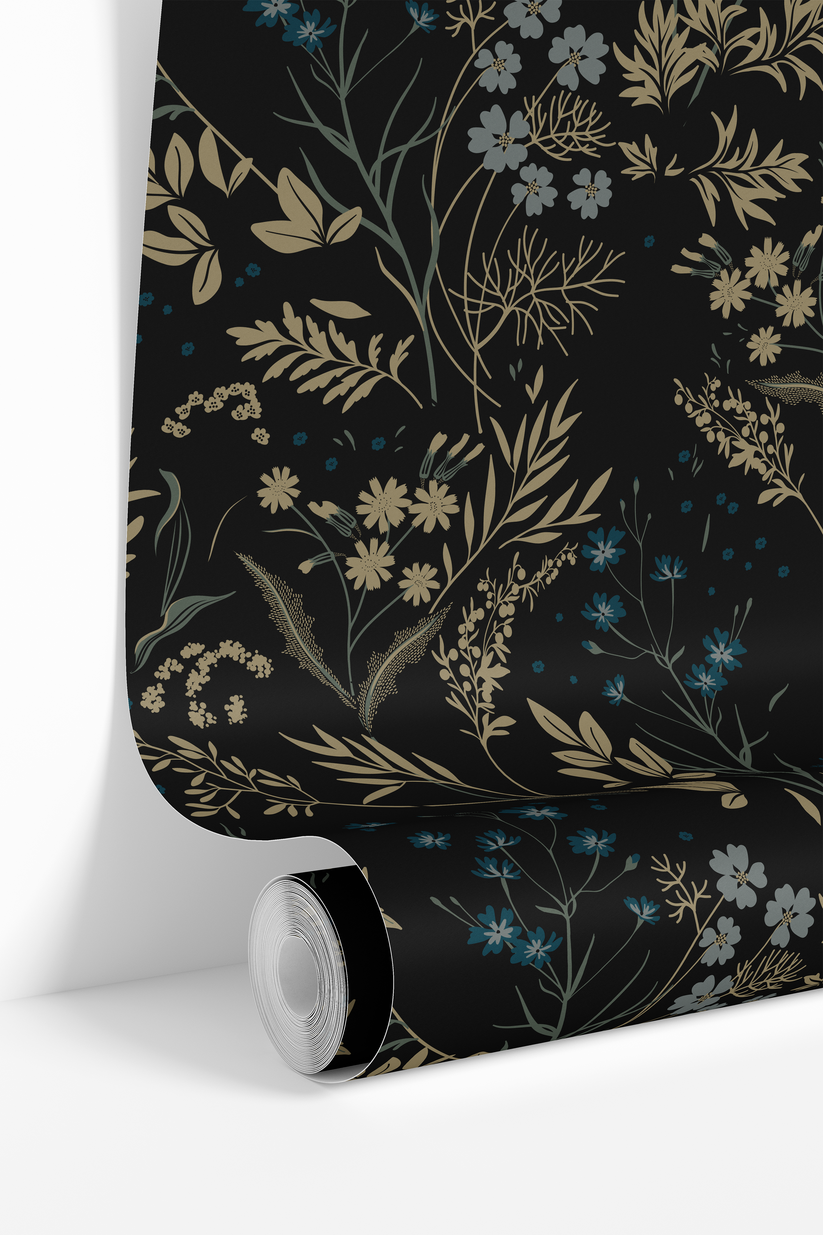 Roll of Blackmoor wallpaper featuring muted gold, teal, gray, and olive wildflowers on a deep black background.
