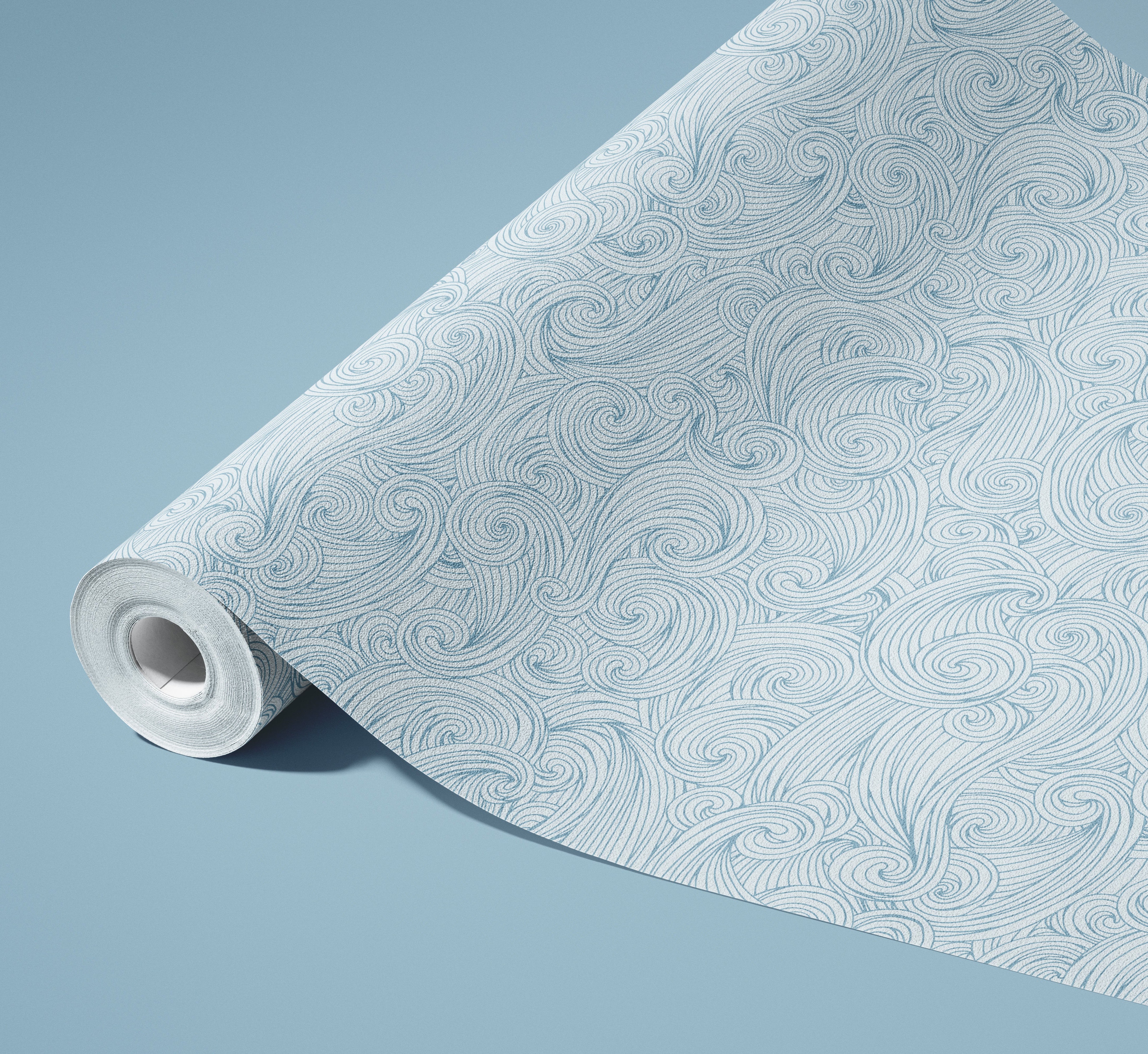 Contact paper 873: "A soothing contact paper featuring hand-drawn abstract waves in soft blue tones, creating a flowing, nautical-inspired aesthetic. Perfect for adding a tranquil, coastal feel to walls, furniture, or accent décor.