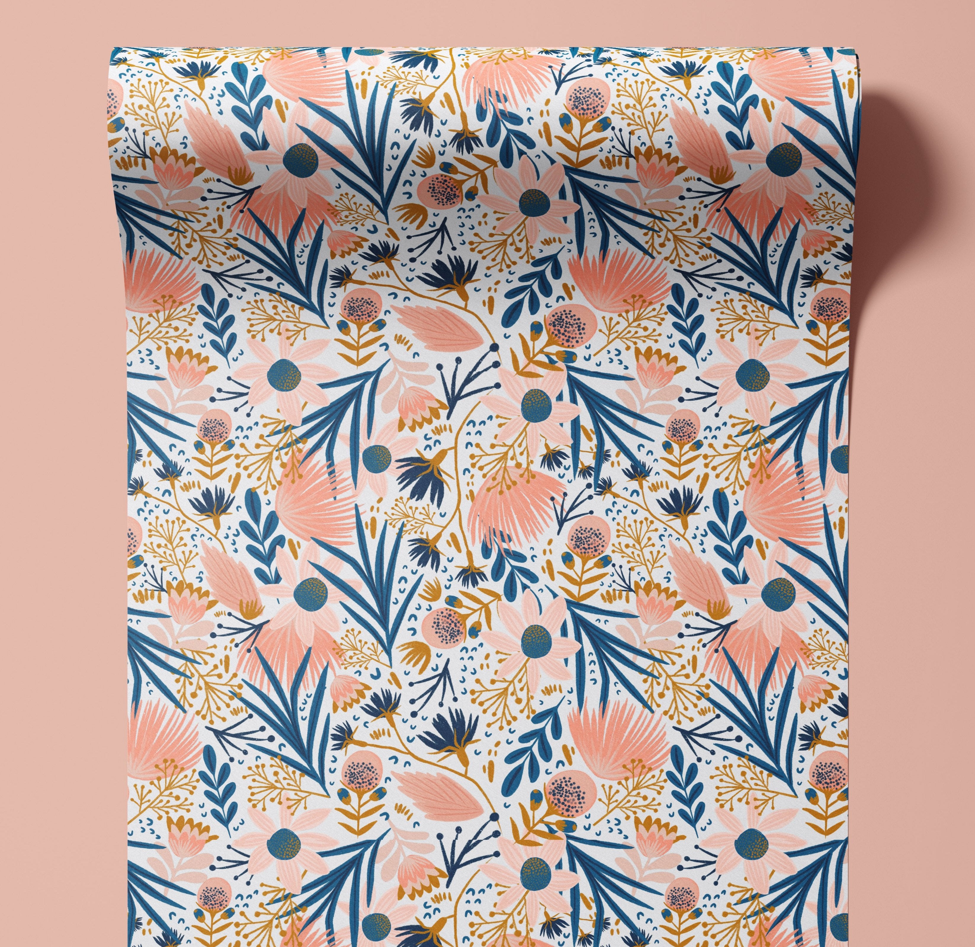 Contact Paper 908: A pastel floral contact paper featuring soft pink wildflowers, delicate blue leaves, and golden botanical accents, ideal for creating a vintage-inspired space.