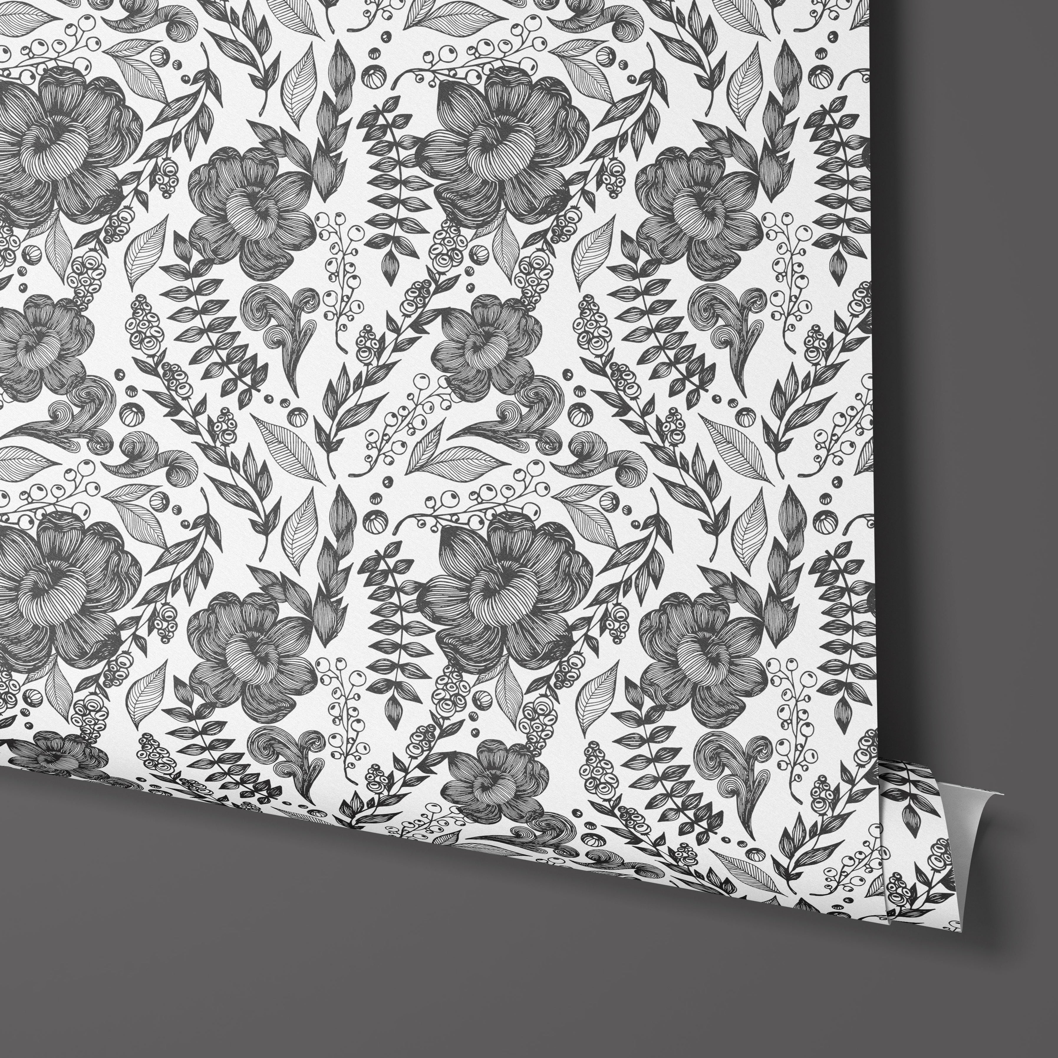Contact Paper 954: A black and white floral contact paper featuring hand-drawn peonies, roses, and wild berries in an intricate ink sketch style. The perfect vintage-inspired peel-and-stick design for an elegant, botanical look.
