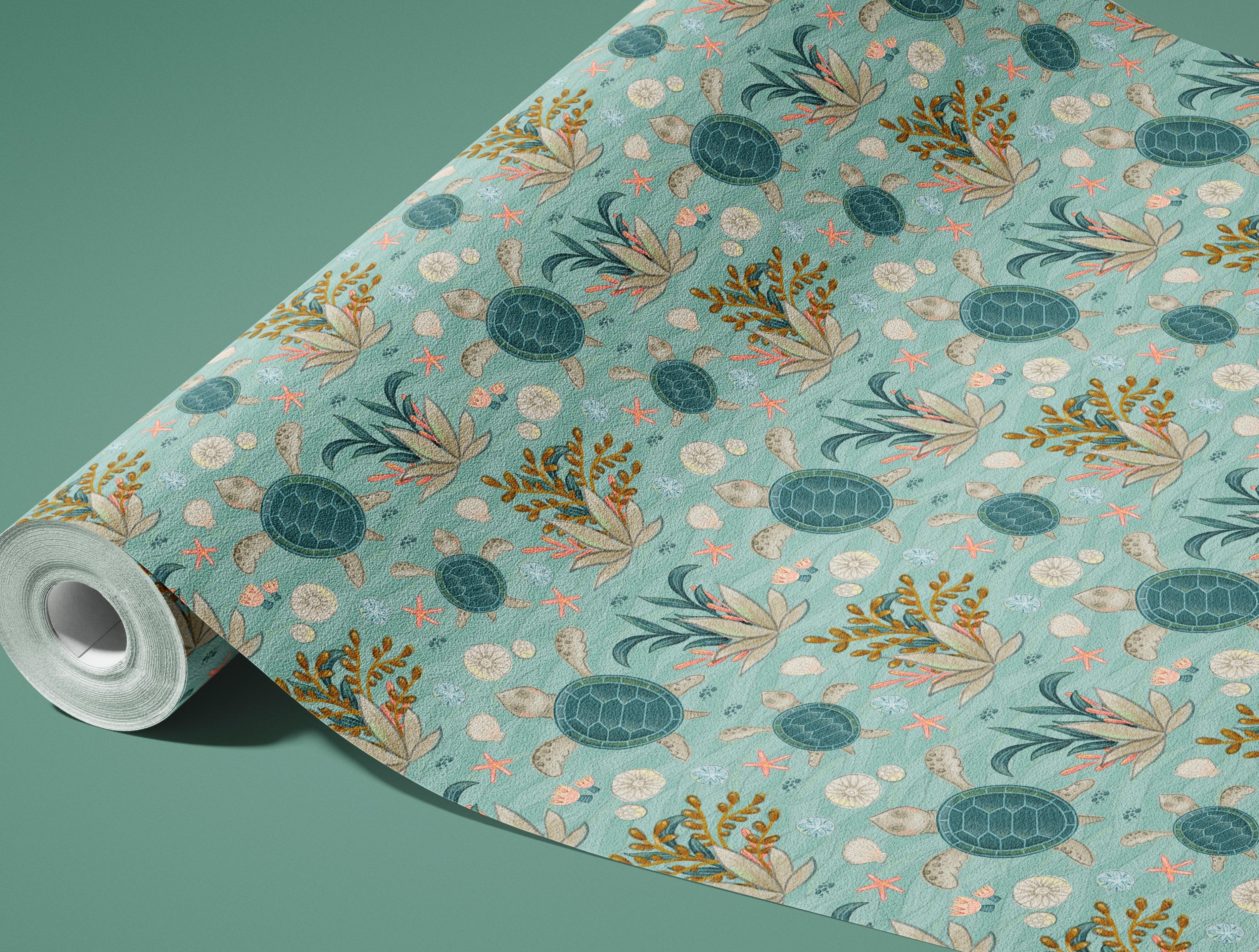 Contact paper 967: Aqua peel-and-stick contact paper with sea turtles, coral, and ocean plants for a coastal decor theme.