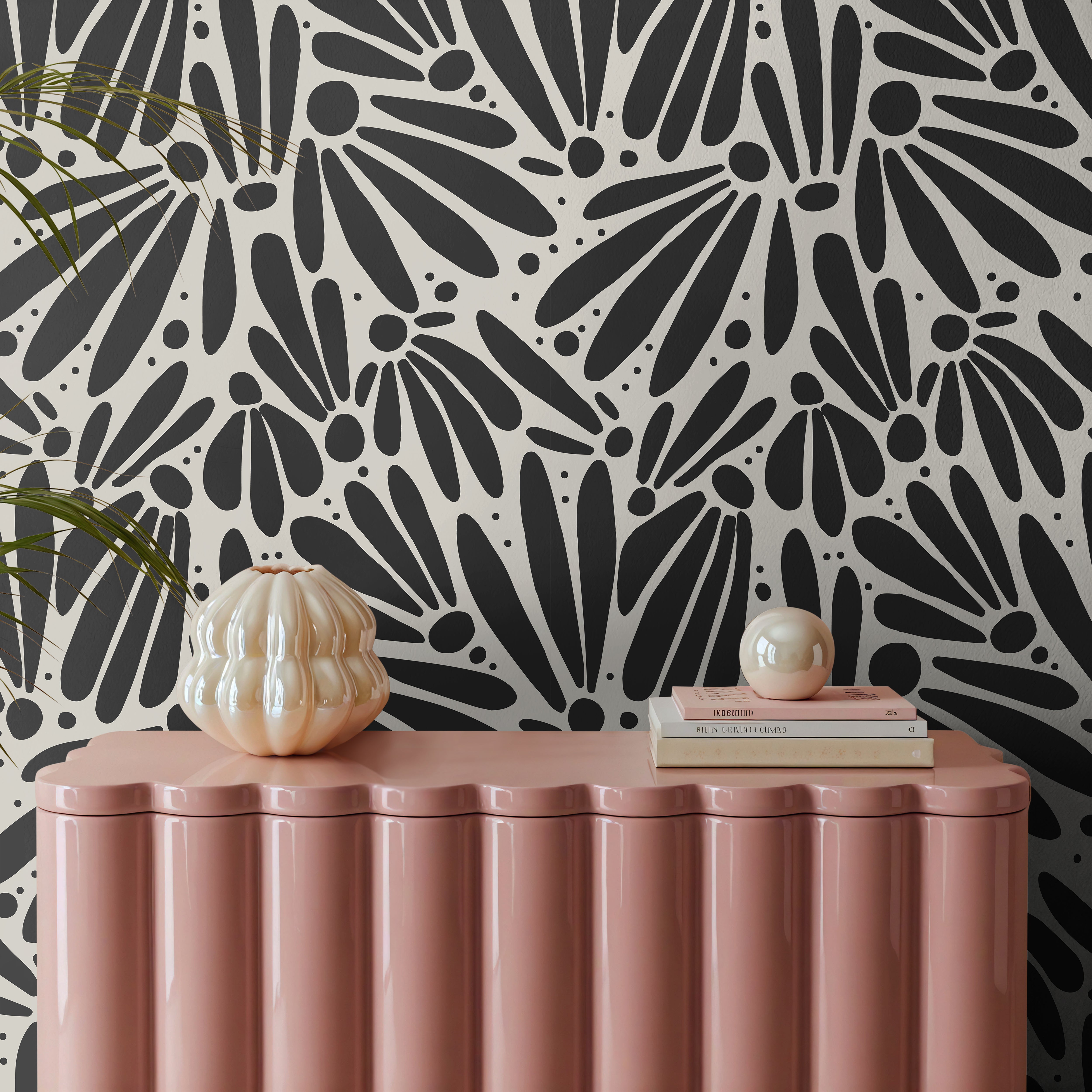 Black and white abstract floral pattern in kids bedroom
