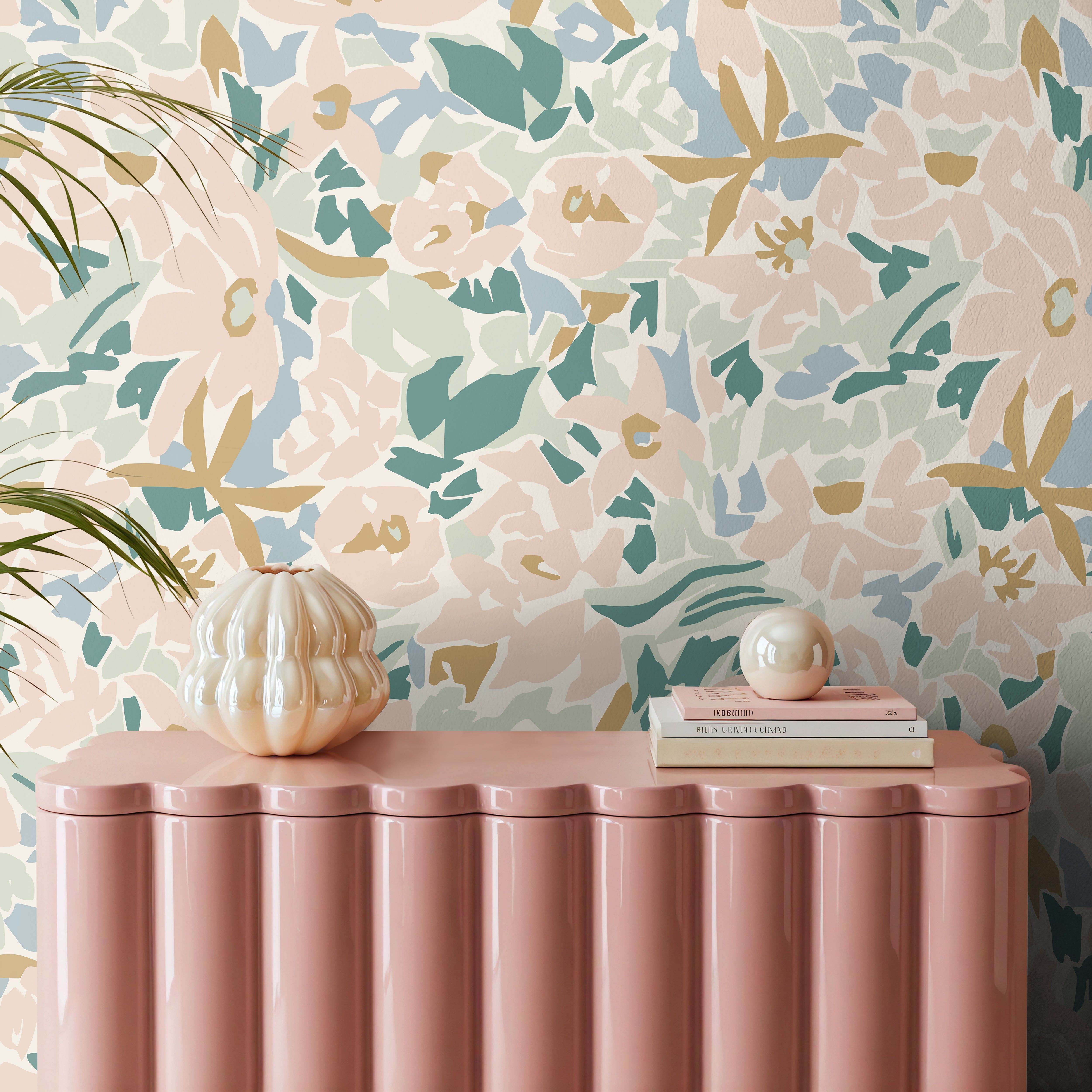 Blush and sage abstract florals styled in girls room