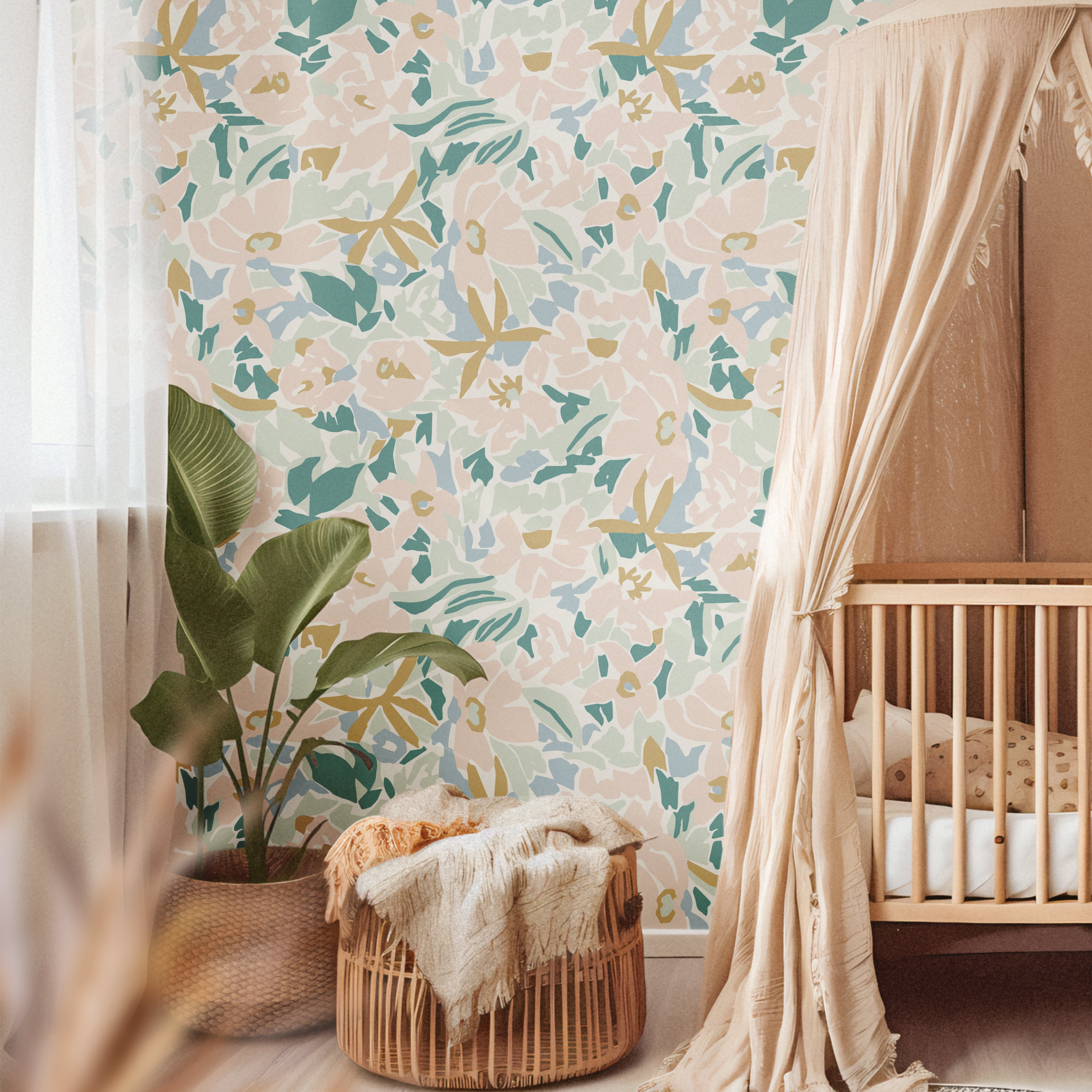 Blush and sage abstract florals styled by crib in nursery