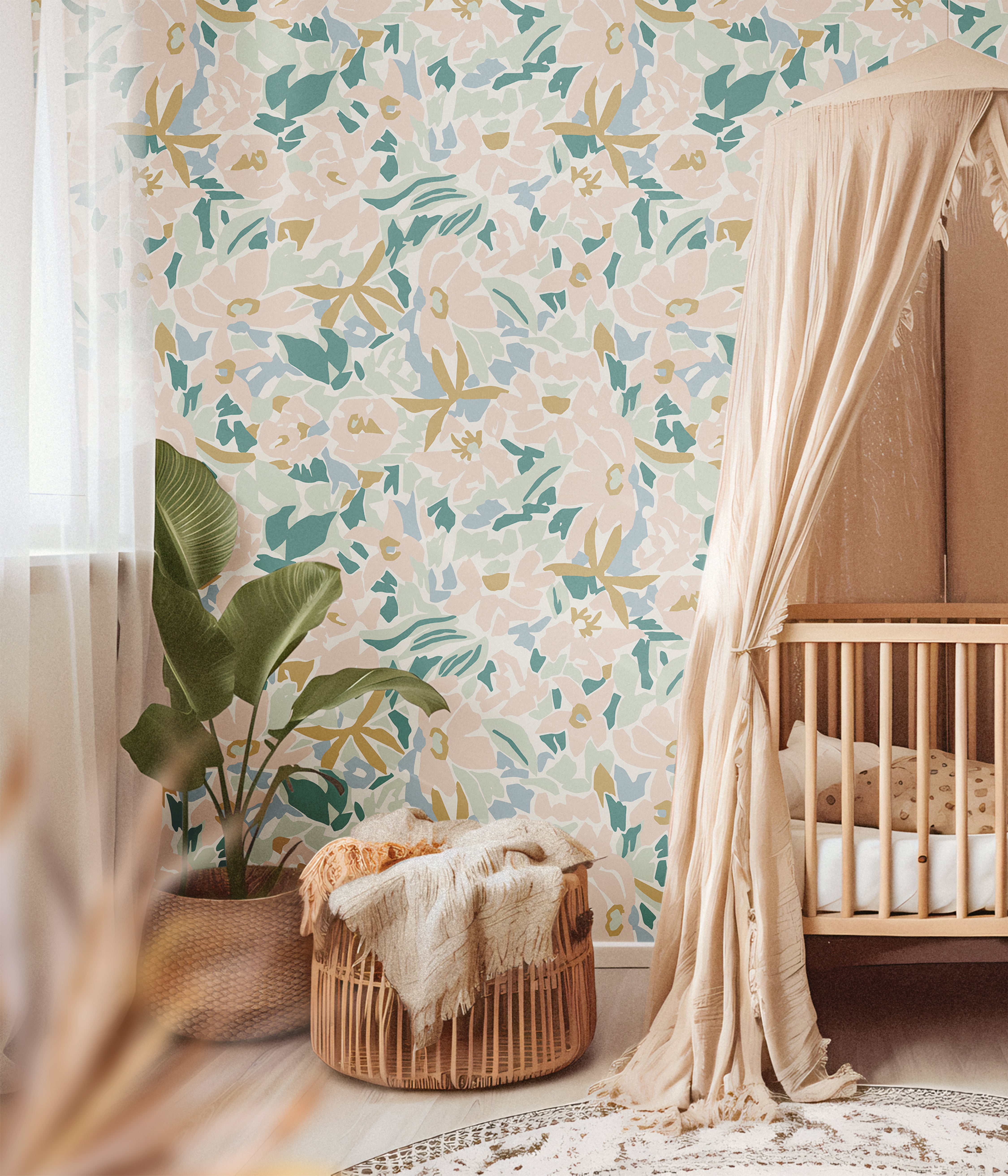 Blush and sage abstract florals styled by crib in nursery