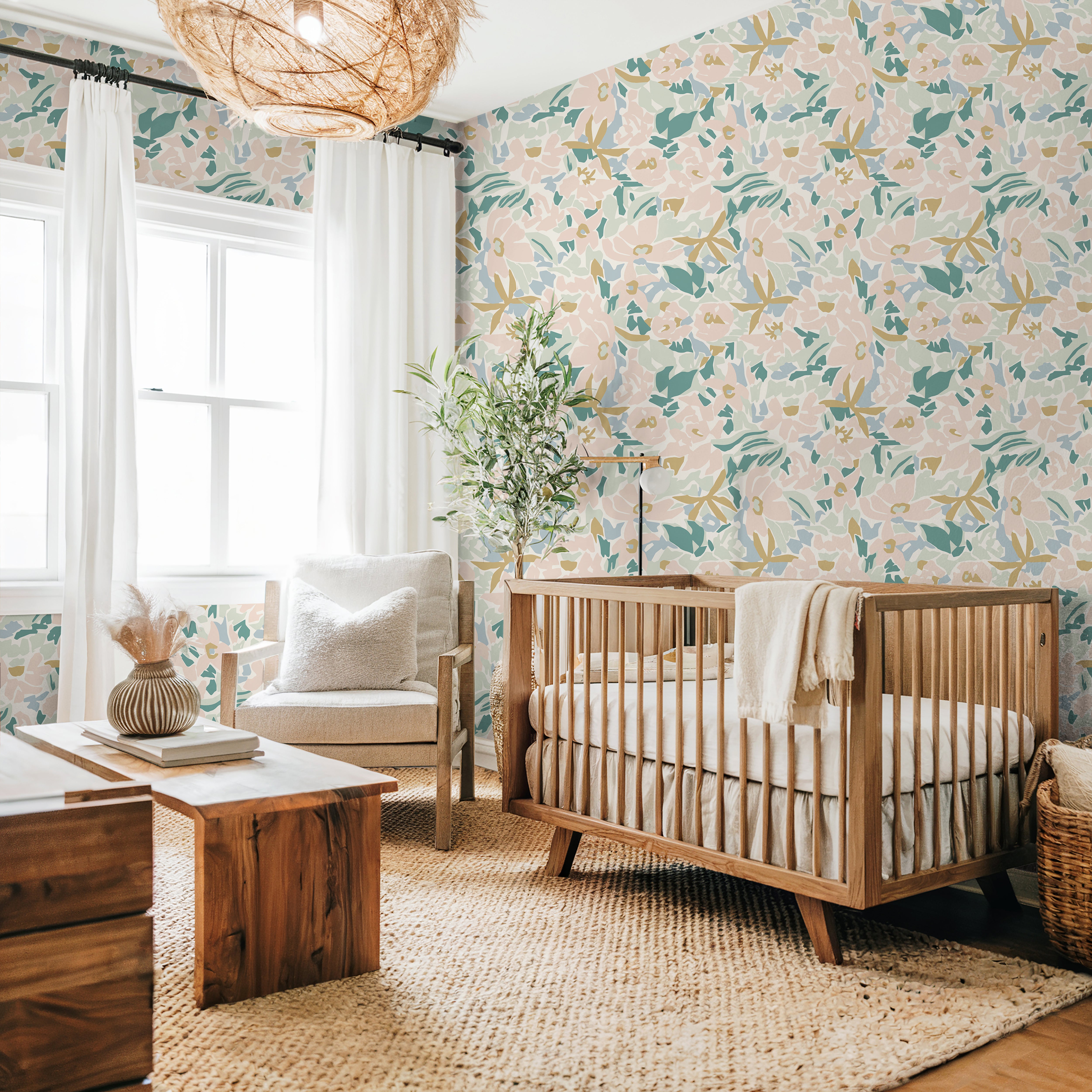 Blush and sage abstract florals styled in large nursery