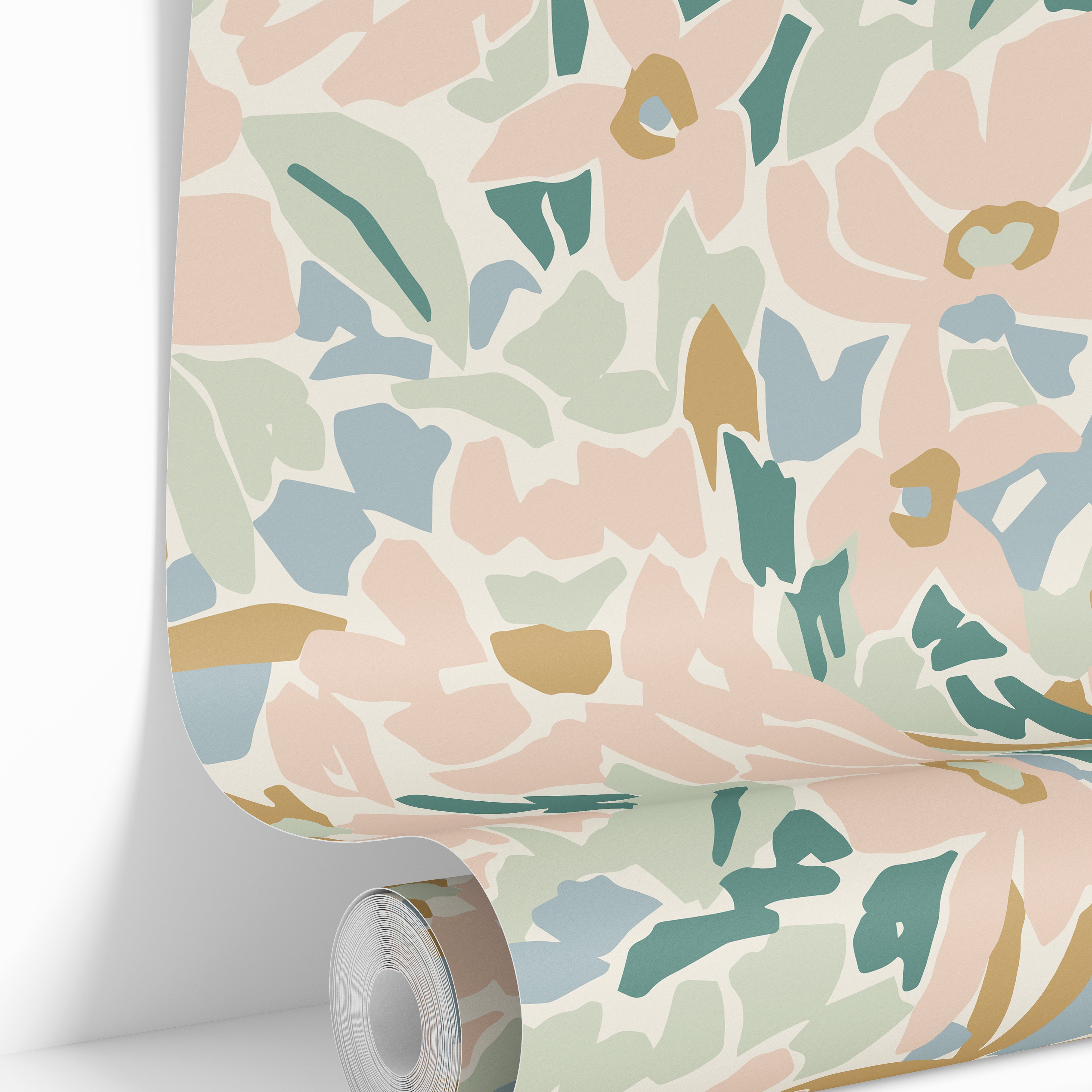 Blush and sage abstract florals on cream background with blue and gold accents