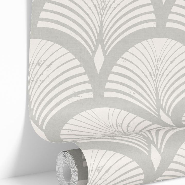 Taupe geometric wallpaper roll with fan pattern on a linen-textured background