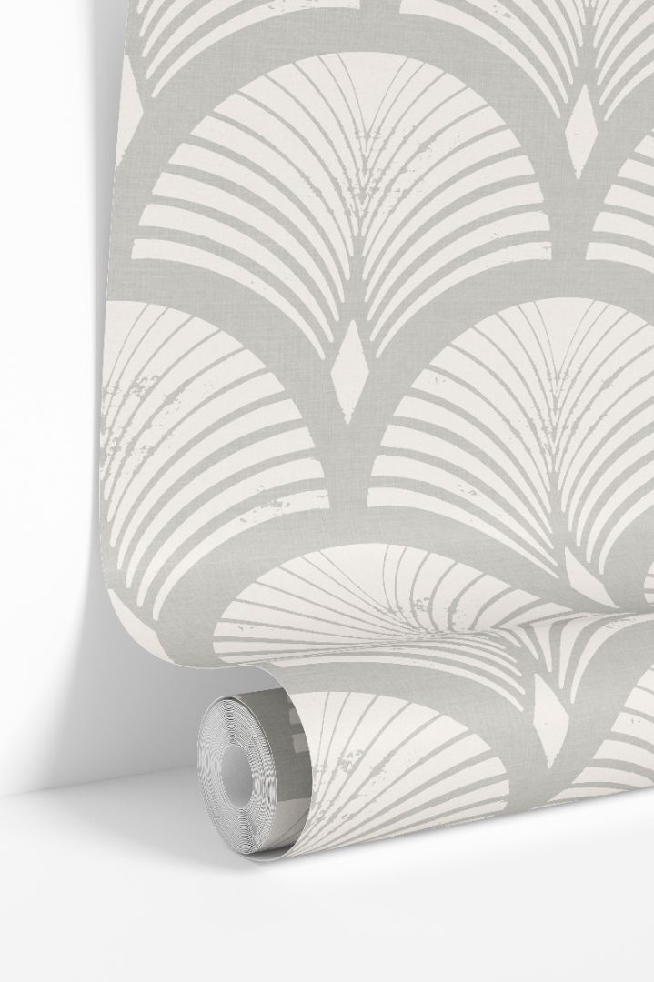 Taupe geometric wallpaper roll with fan pattern on a linen-textured background