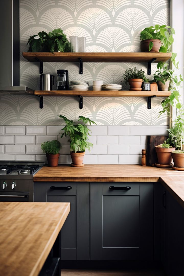 Modern kitchen with Ariscroft Taupe Geometric Wallpaper, open shelving, and warm natural tones