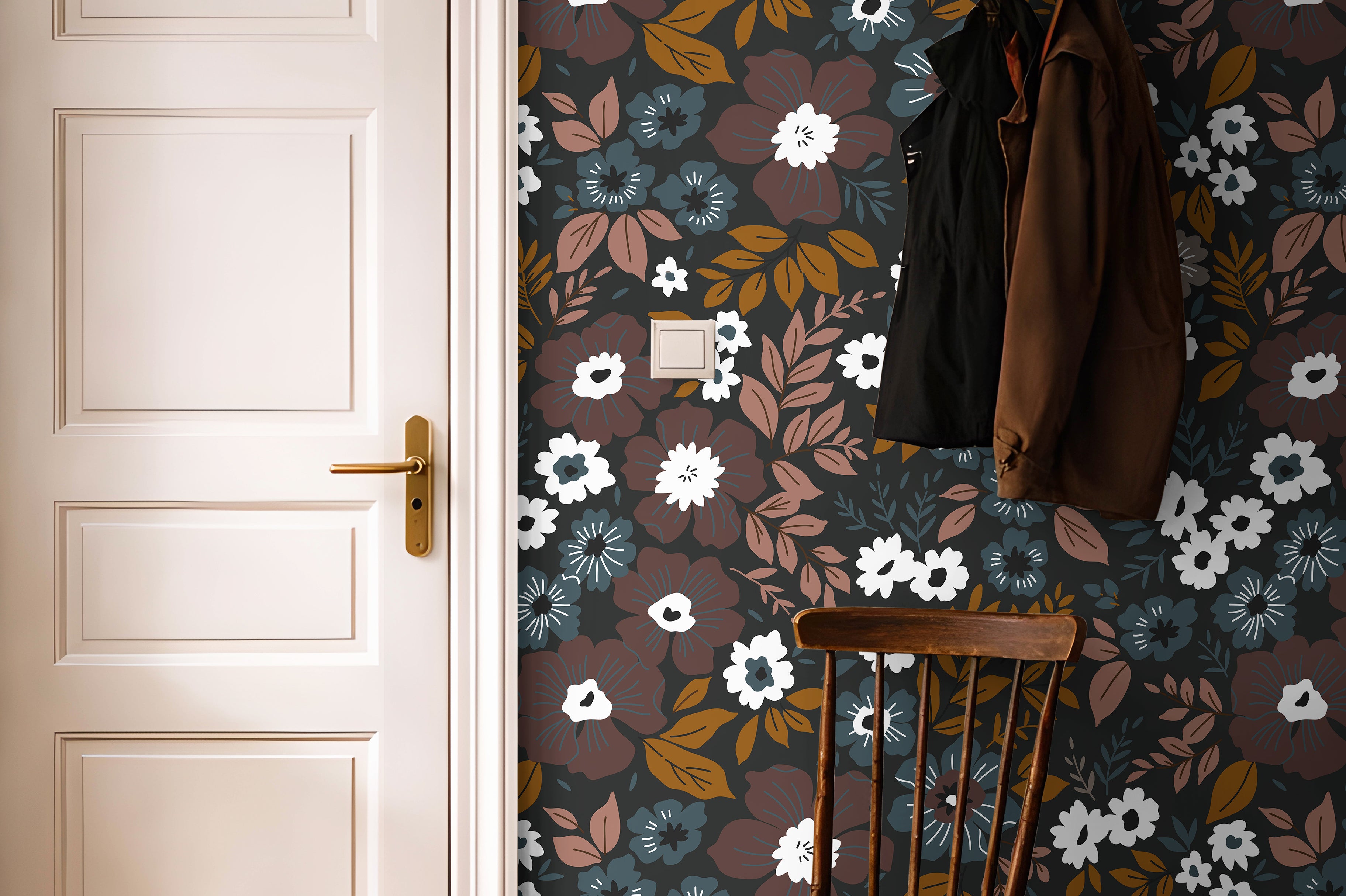 Deep florals styled in warm and brightly lit hallway