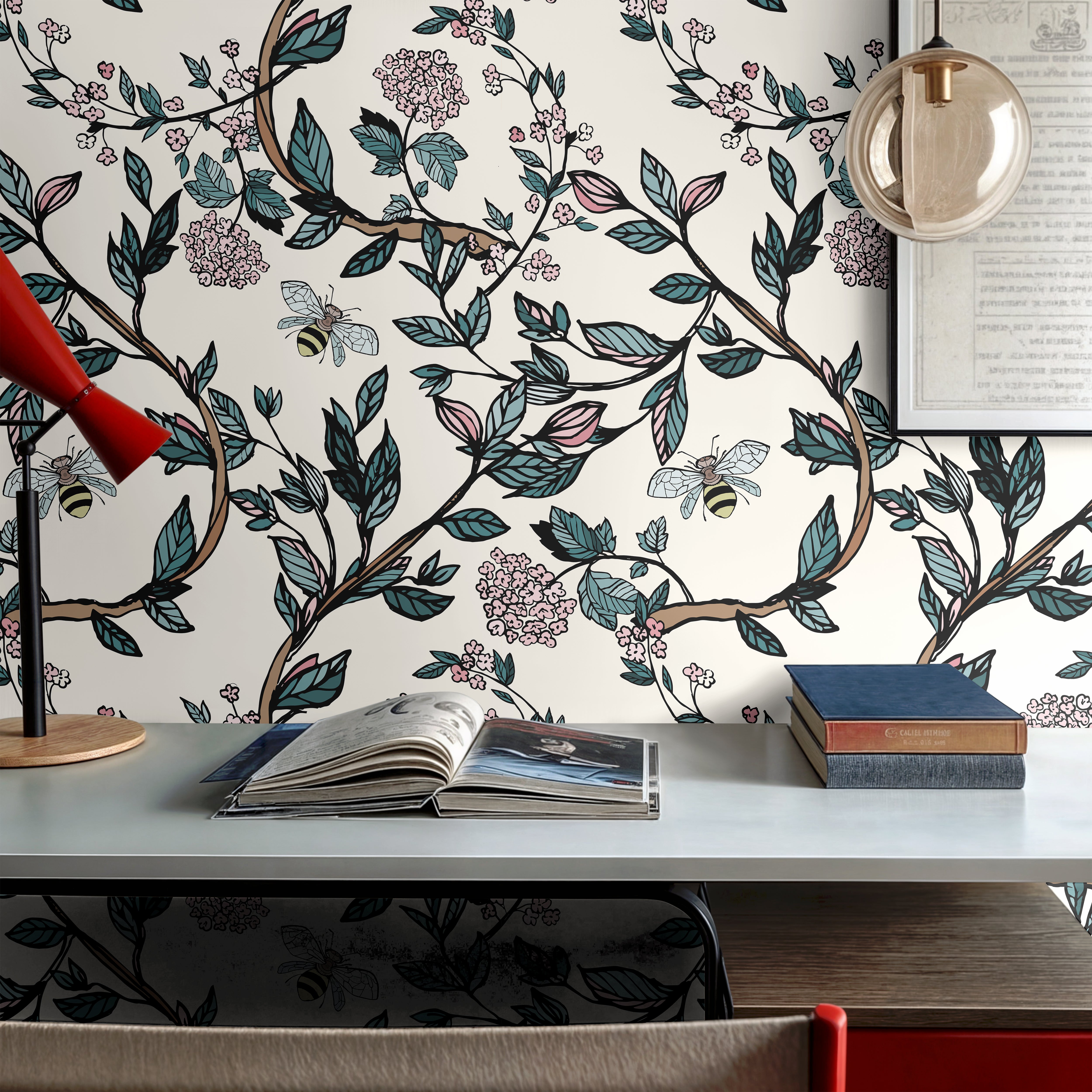 Bees and branches with green leaves and pink flowers on a cream background in boys room with desk