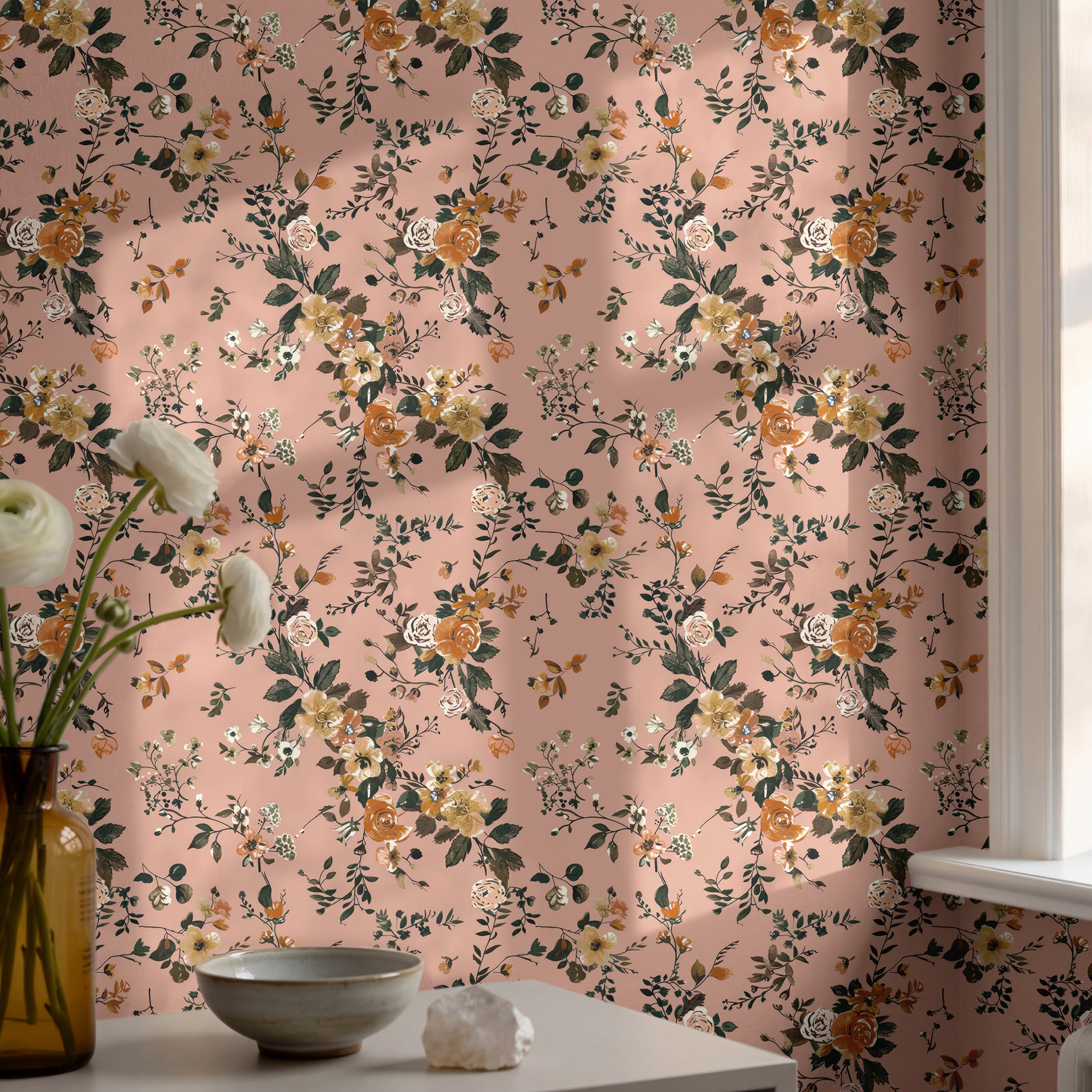 Warm orange and yellow decorative, delicate florals on warm dusty pink background