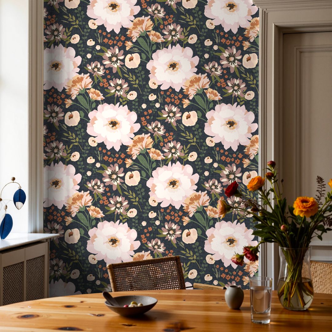 Elegant dining room styled with Belvoir No. 2236a floral wallpaper and warm wood accents