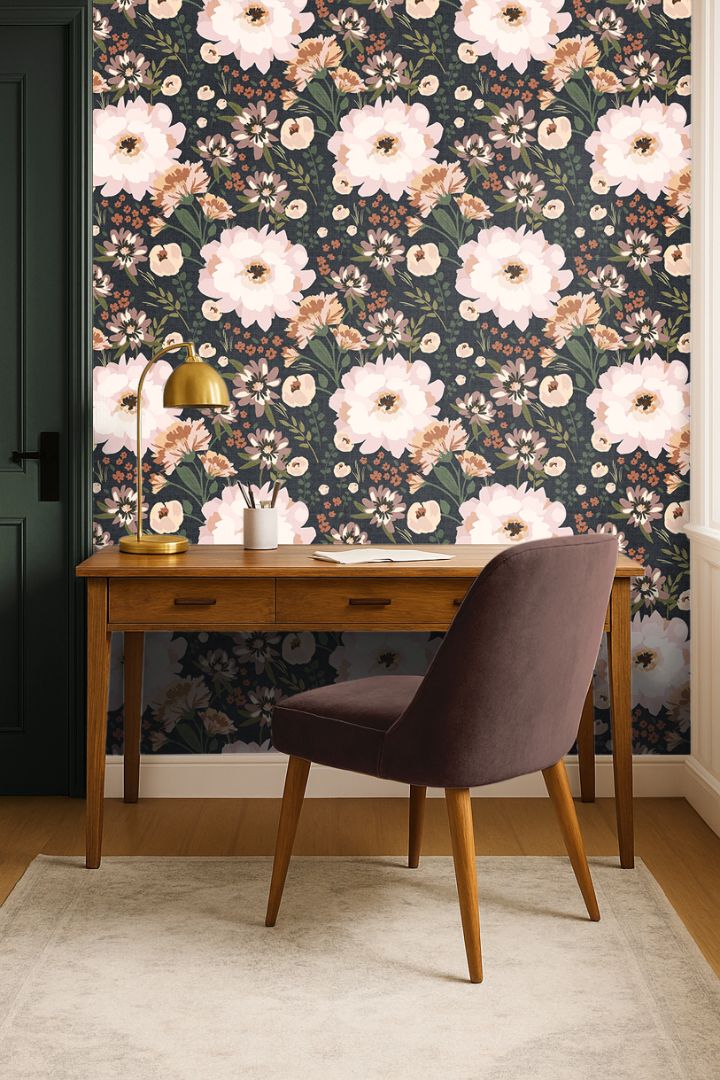 Refined home office featuring Belvoir No. 2236a floral wallpaper with muted botanical tones