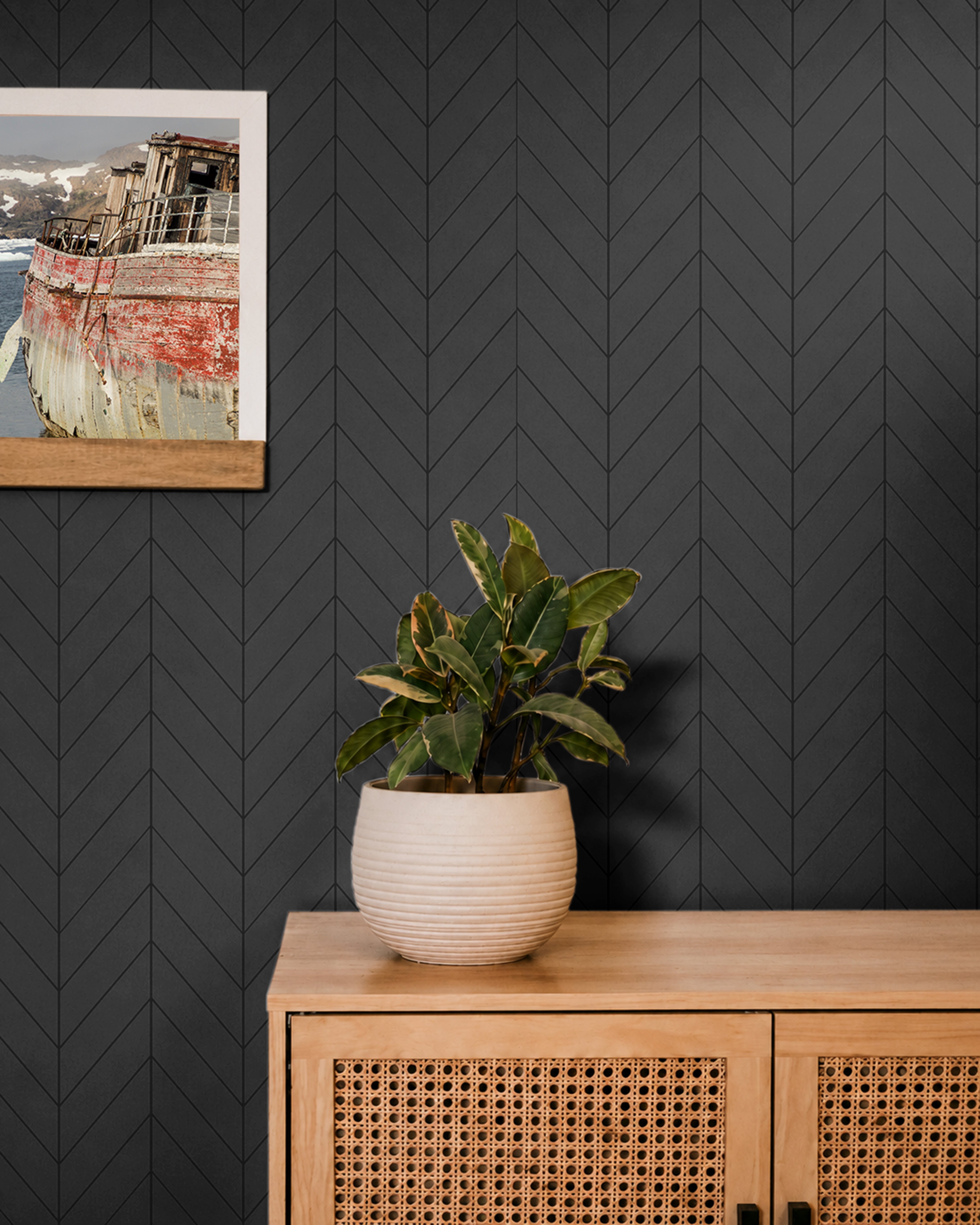 Black Geometrical Chevron pattern shiplap creating a dark and moody space in living area with boat pictures and plant life 