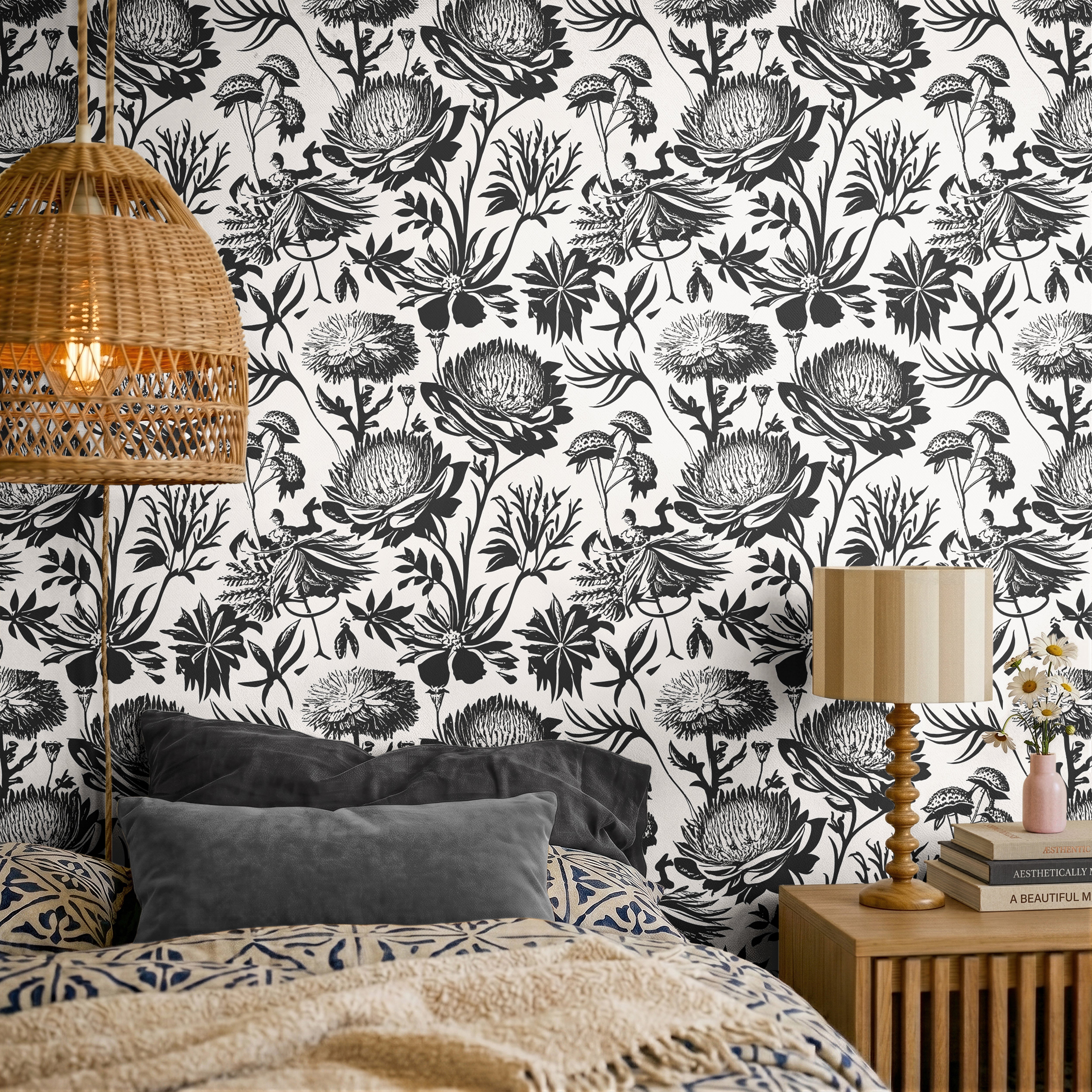 White background with black drawn thistle weeds in modern boho bedroom