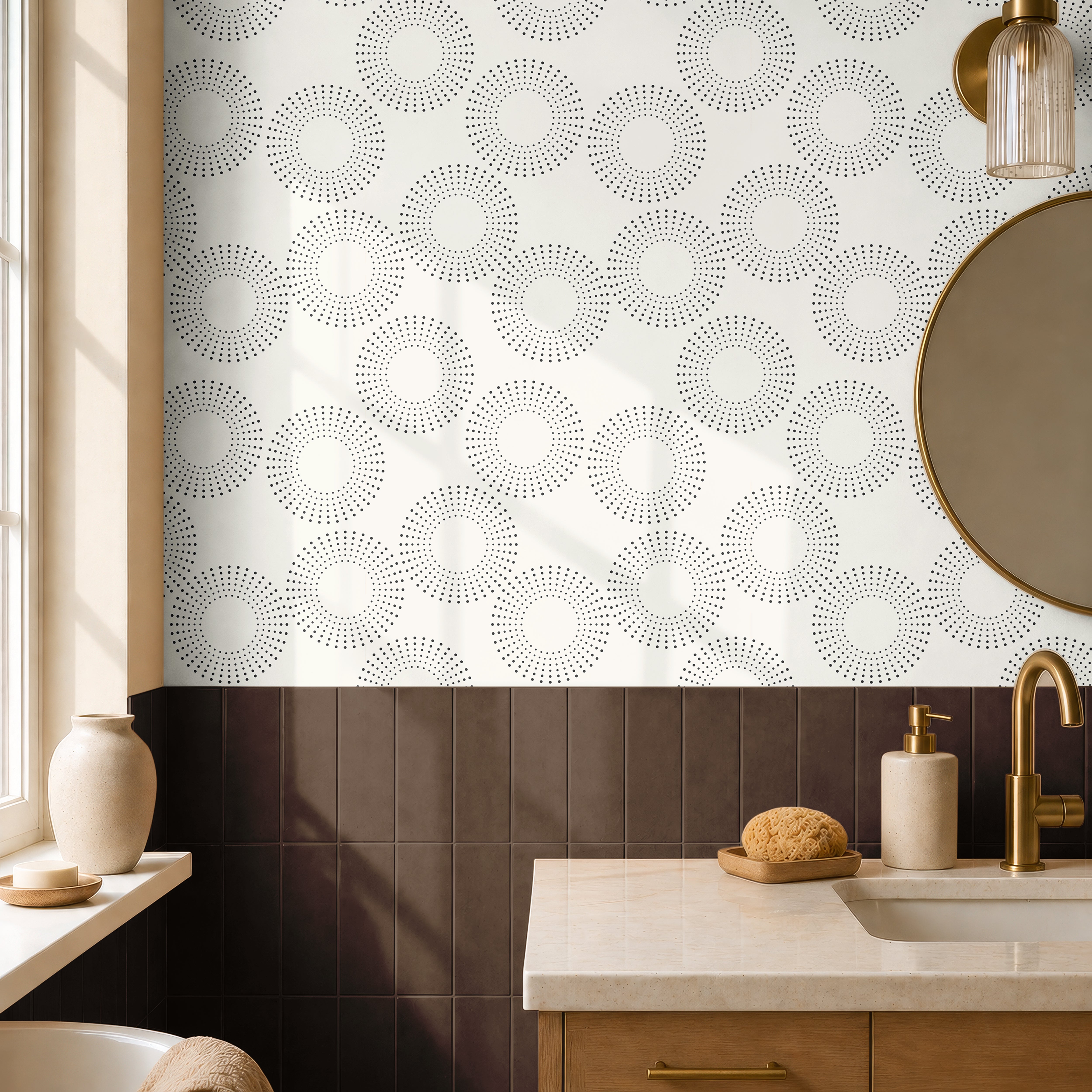 Black and cream circles in warm earth toned bathroom
