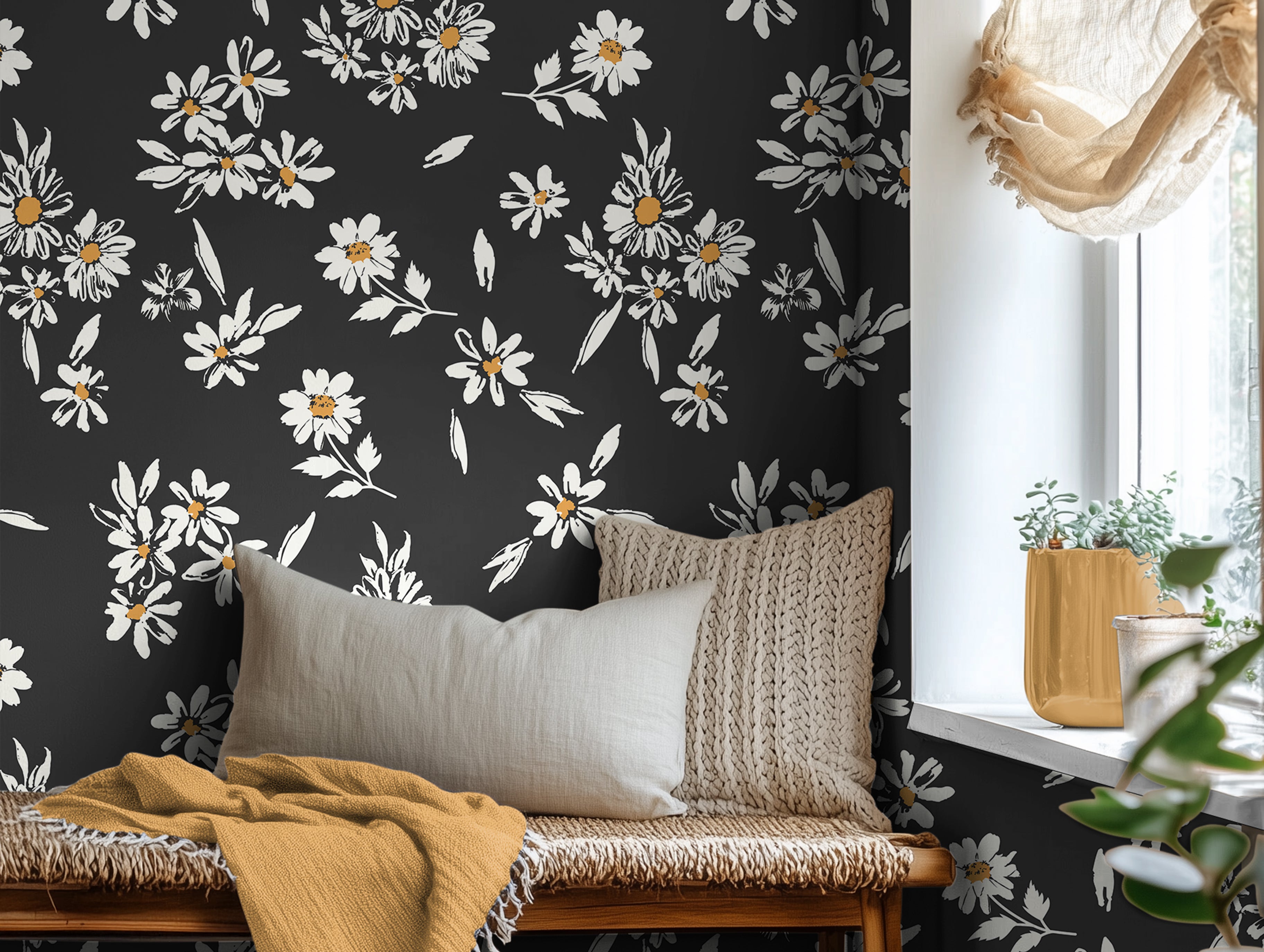 Black and white florals with yellow accents in bright interior reading nook