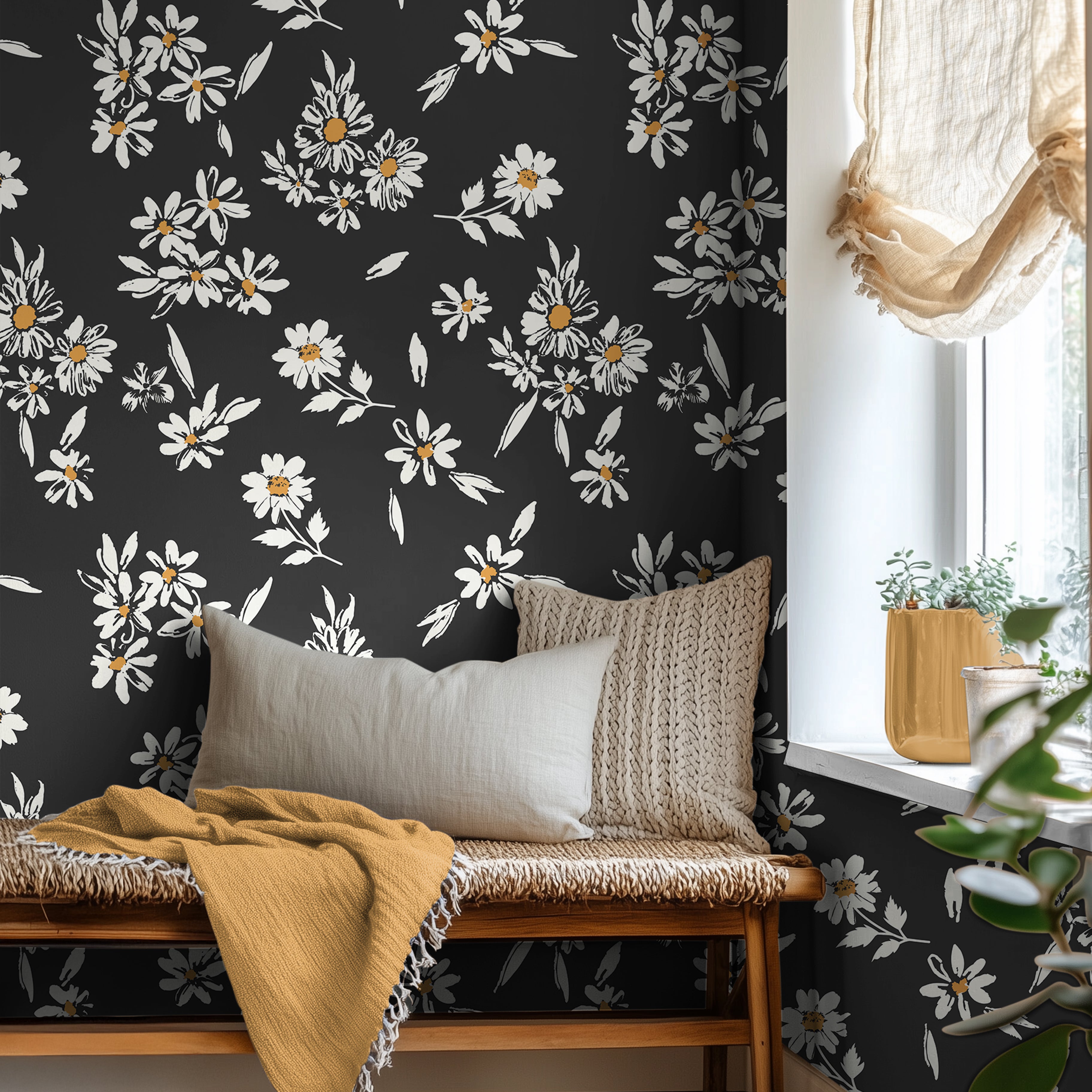 Black and white florals with yellow accents in bright interior reading nook