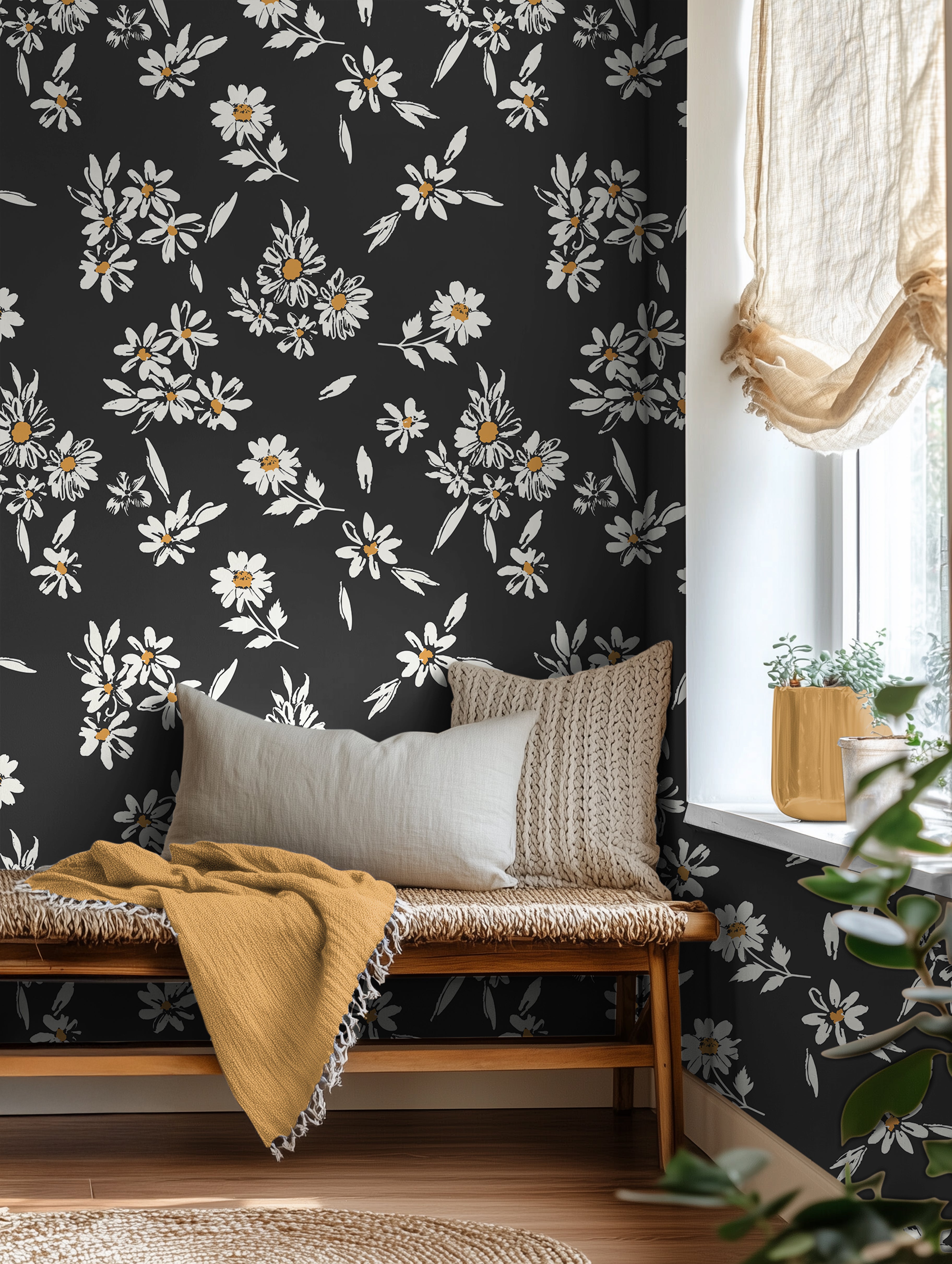 Black and white florals with yellow accents in bright interior reading nook