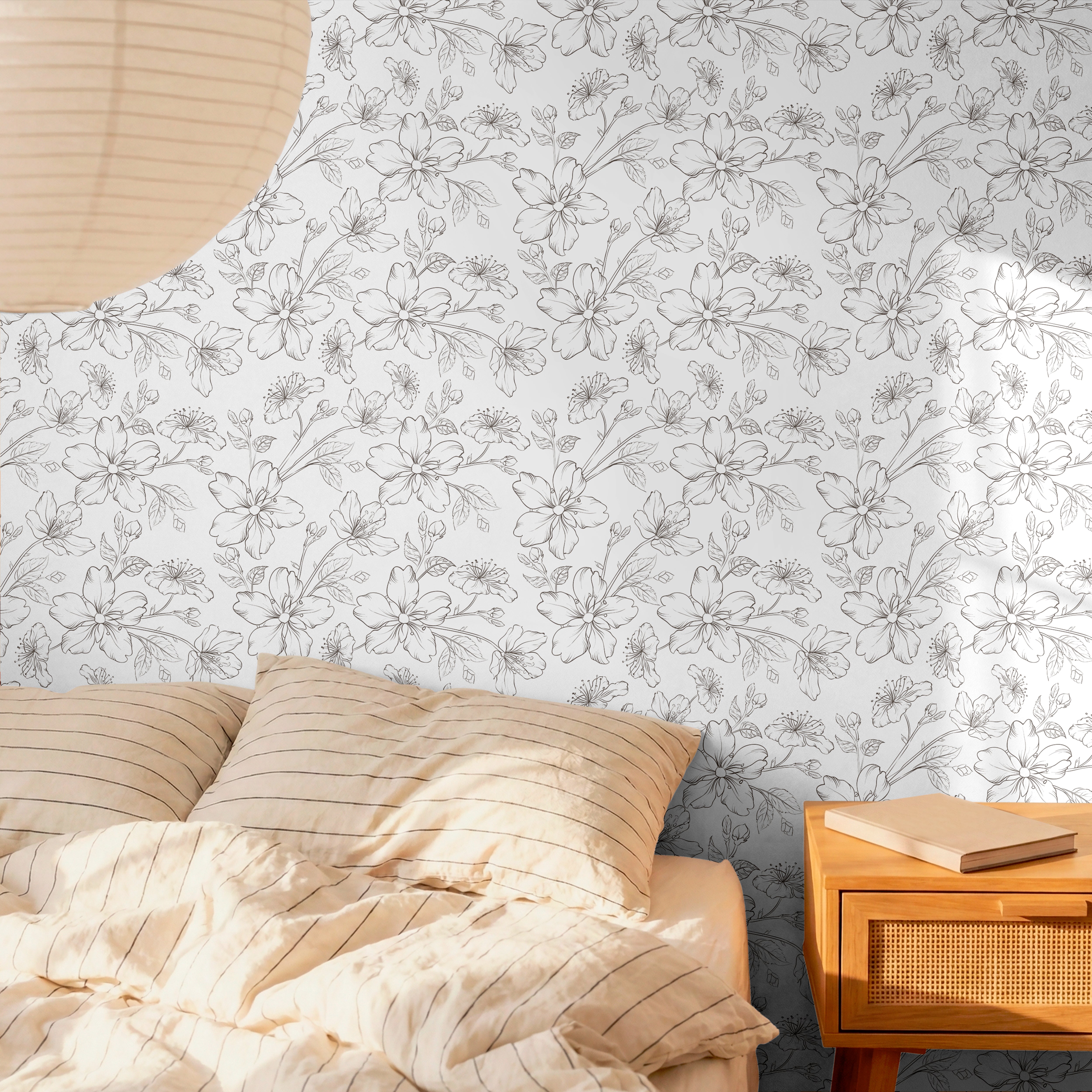 black and white hand drawn florals in cream bedroom