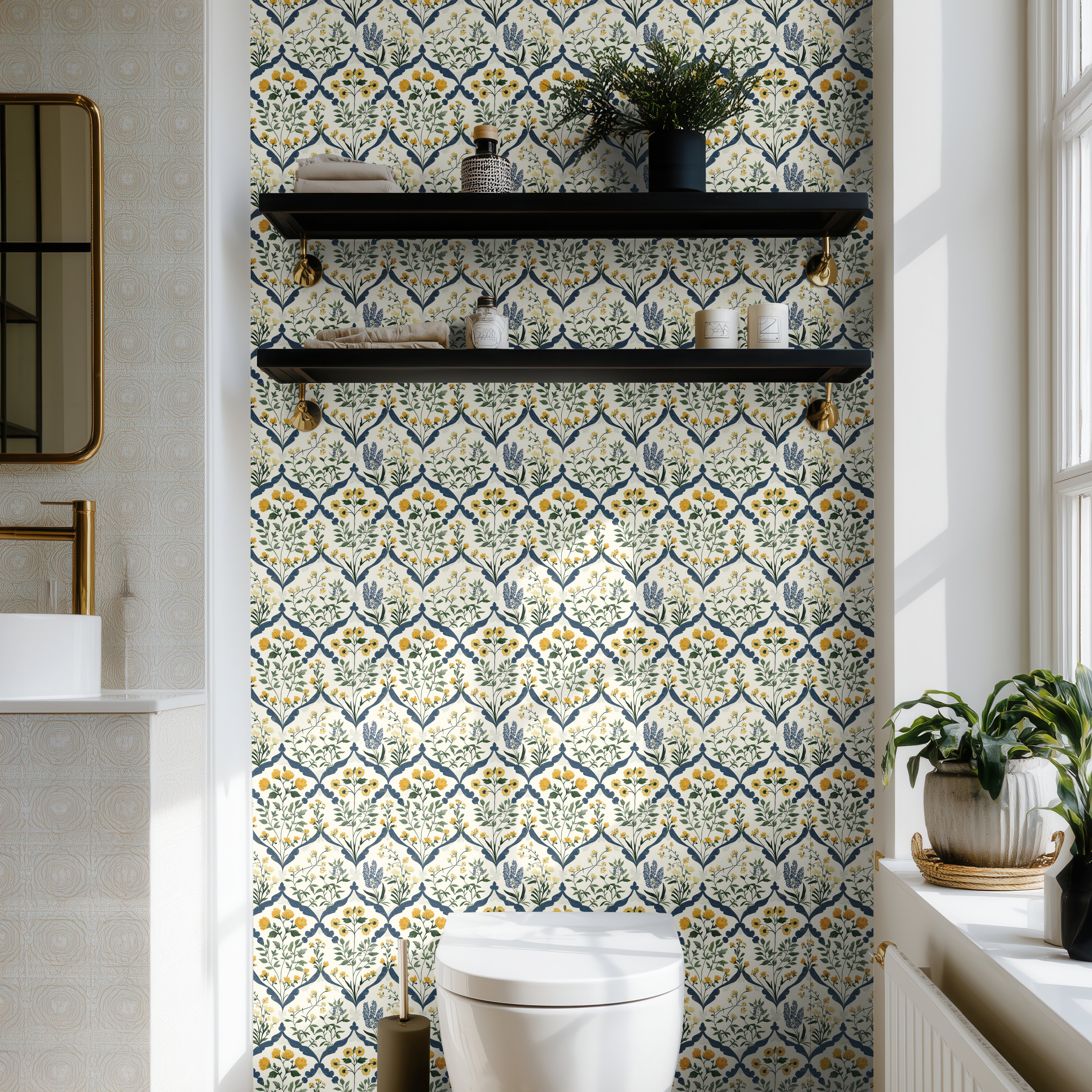 delicate yellow blossoms and soft blue florals framed in a vine-like diamond repeat