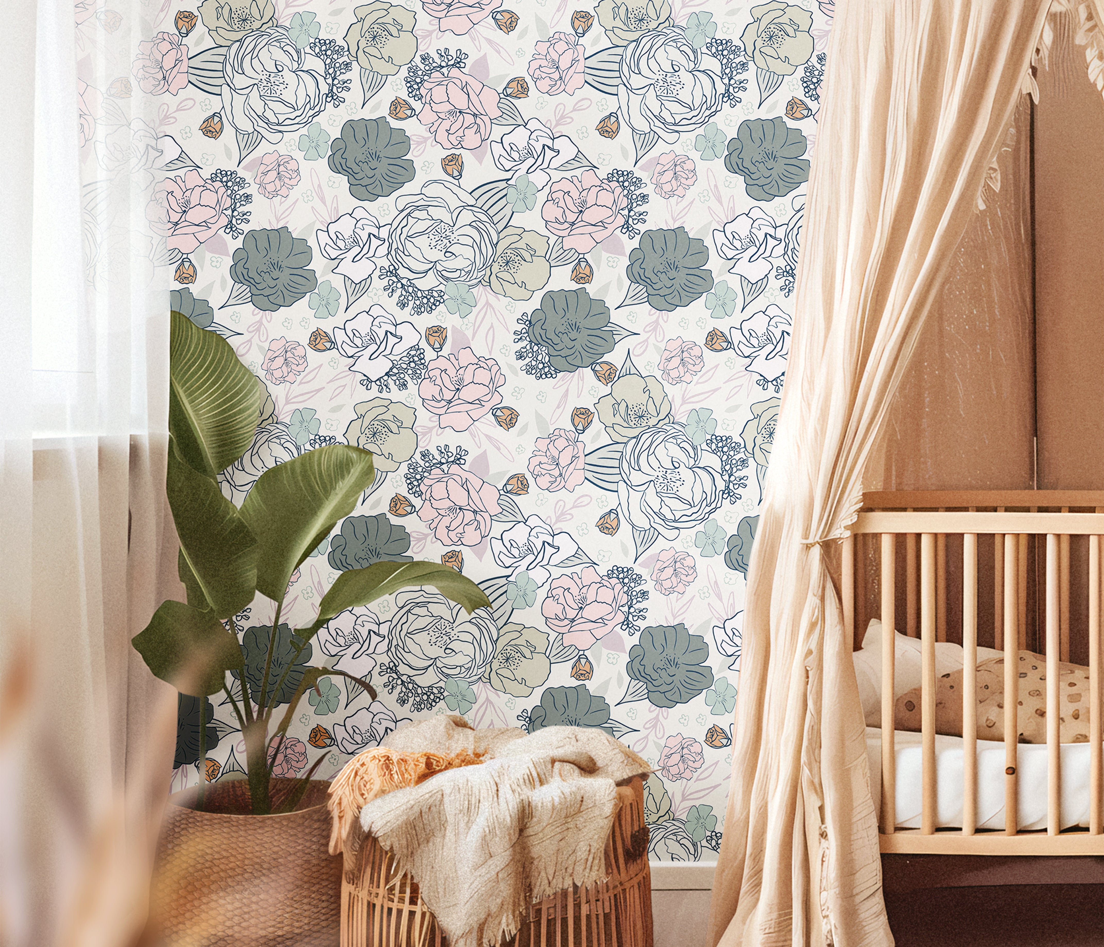 White background with Blue, Gray, and pink roses scattered around in warm beige baby nursery