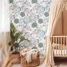 White background with Blue, Gray, and pink roses scattered around in warm beige baby nursery