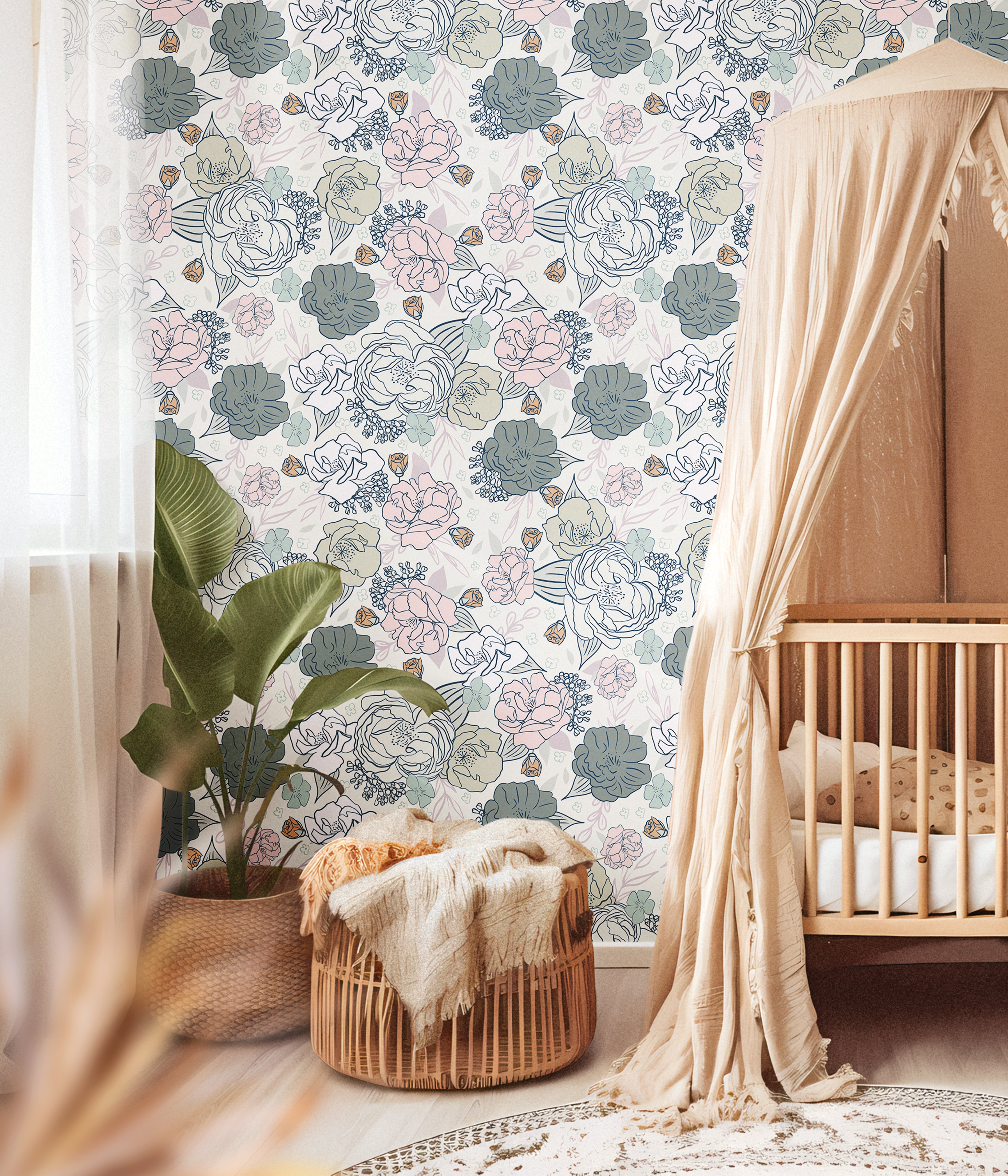White background with Blue, Gray, and pink roses scattered around in warm beige baby nursery