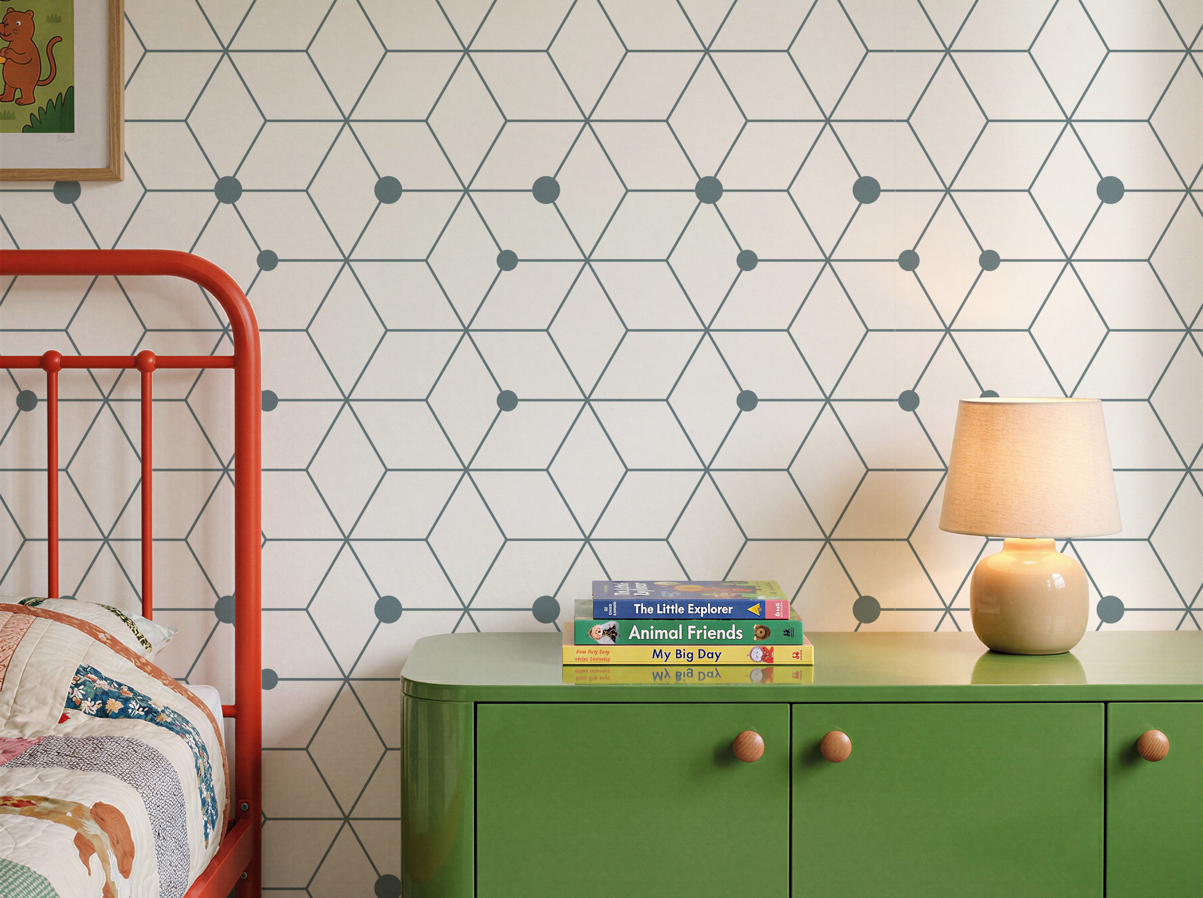 Blue and white geometric cube pattern in colorful kids bedroom
