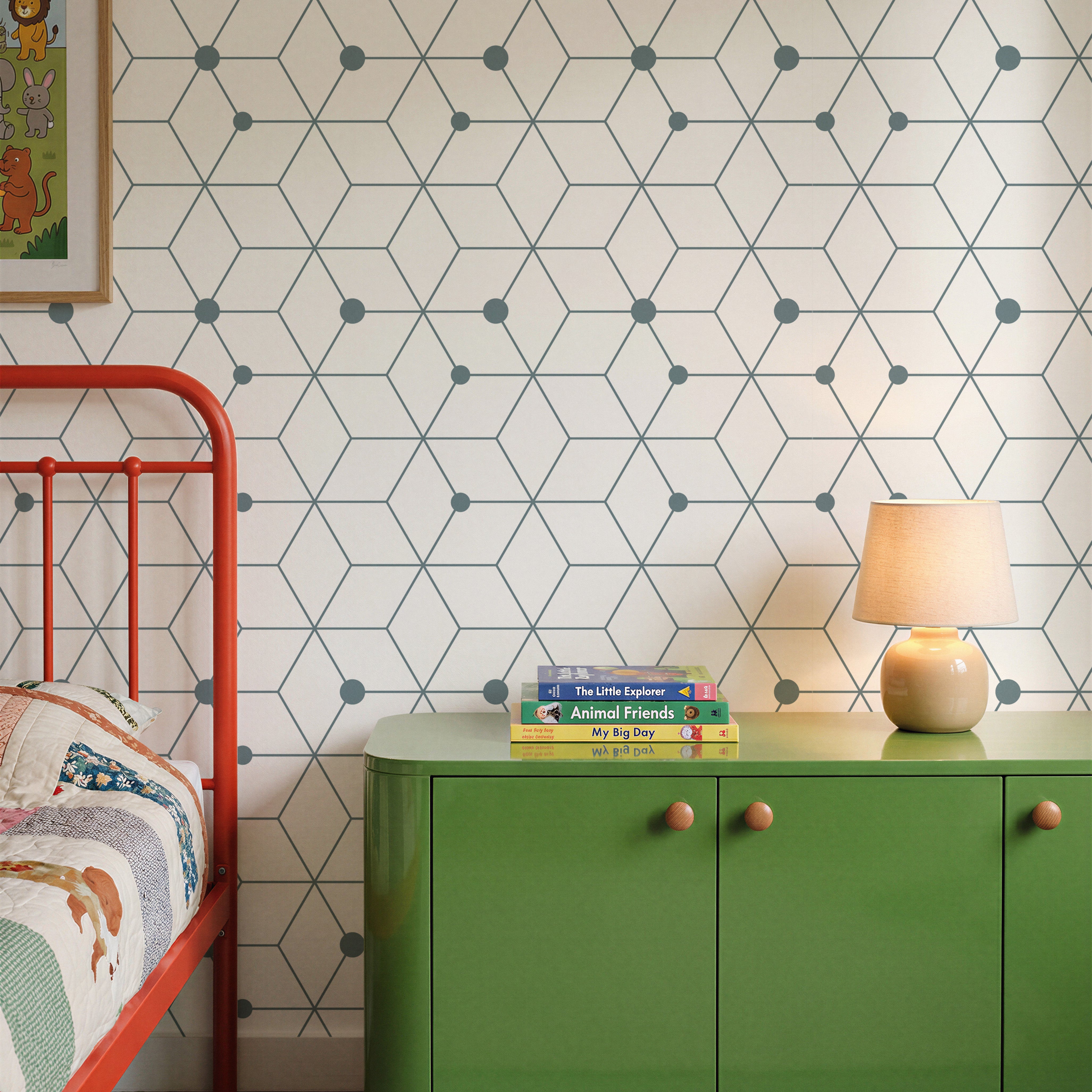 Blue and white geometric cube pattern in colorful kids bedroom