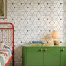 Blue and white geometric cube pattern in colorful kids bedroom
