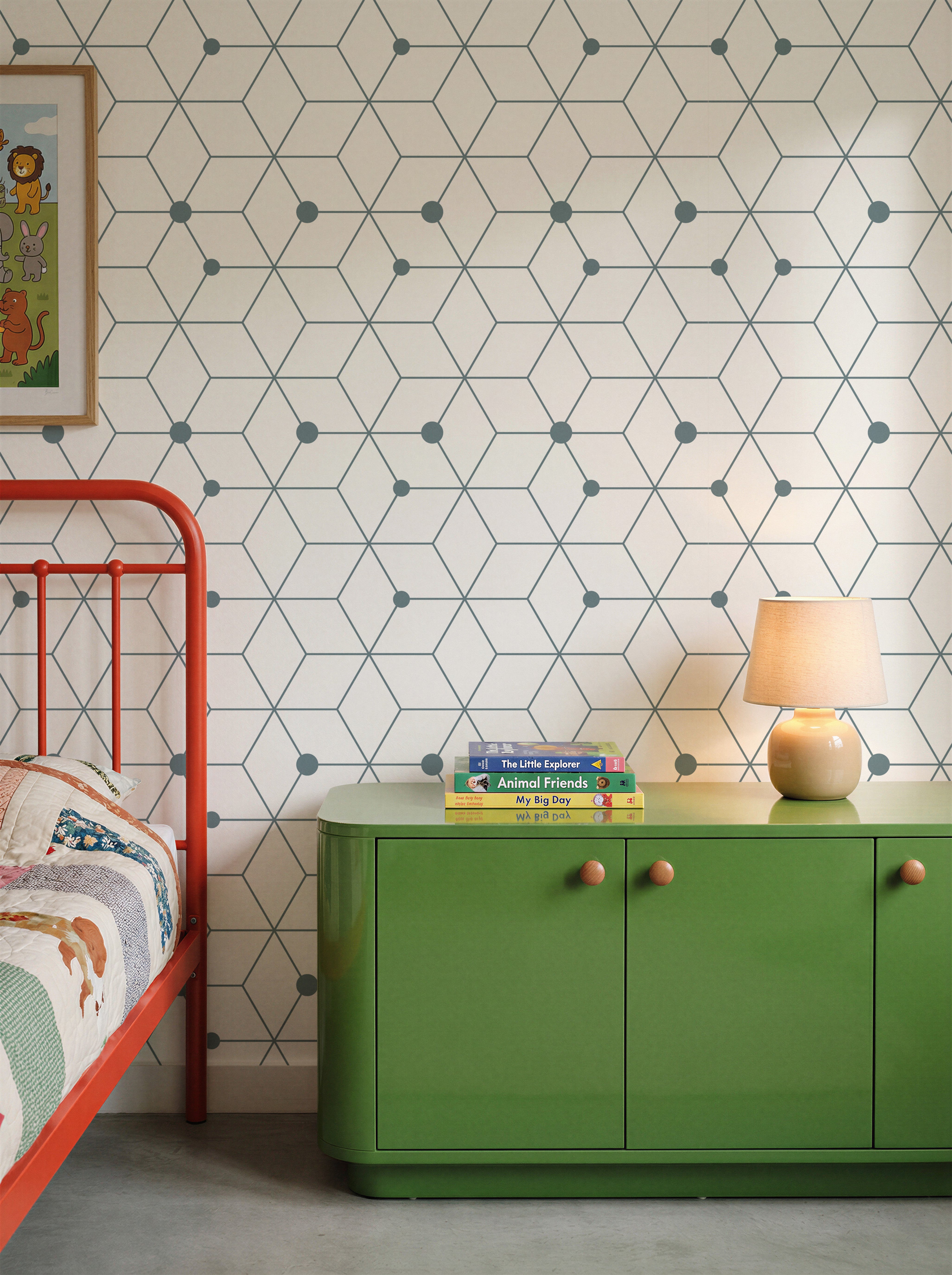 Blue and white geometric cube pattern in colorful kids bedroom