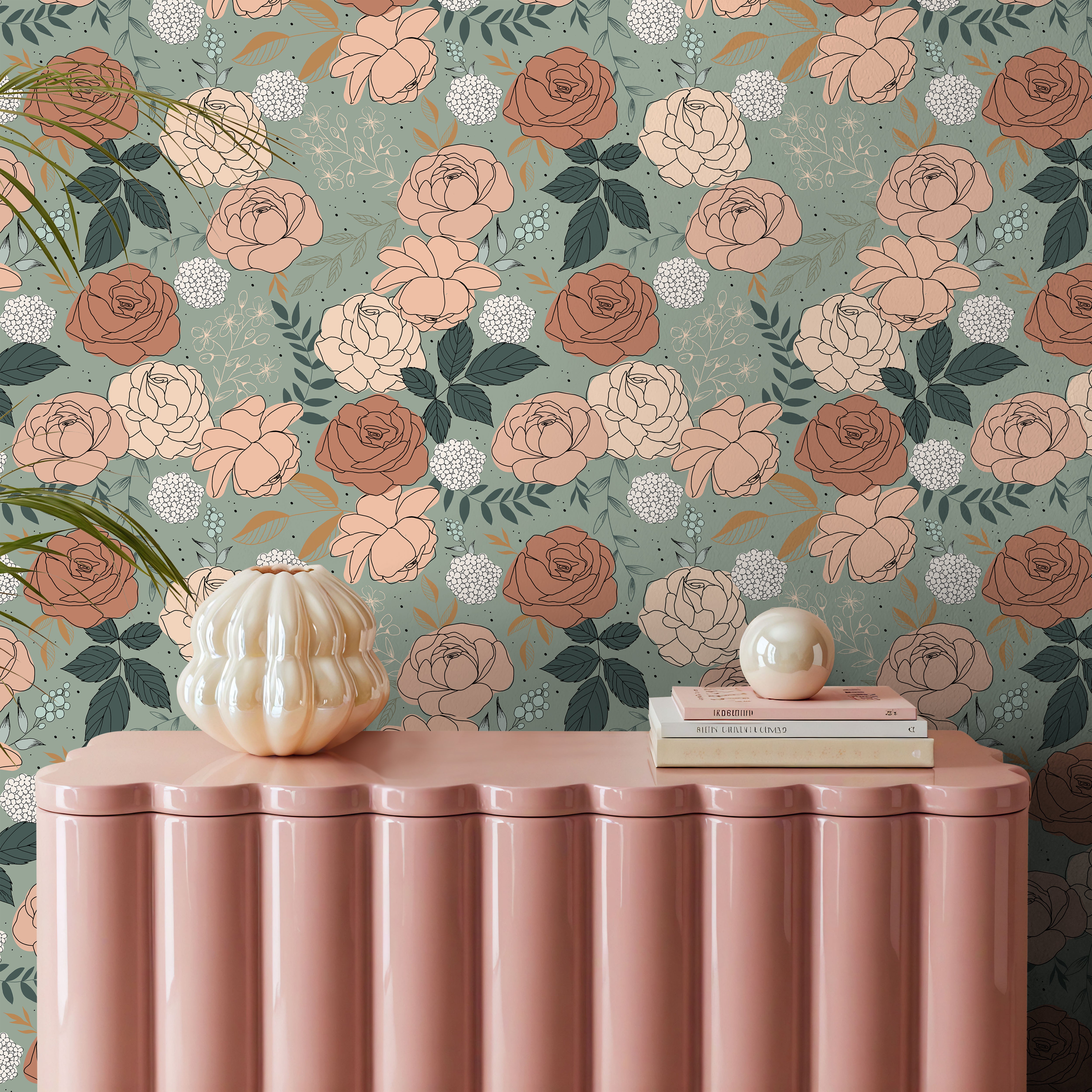 Blush florals on teal background styled with pink table and pearl accents