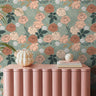Blush florals on teal background styled with pink table and pearl accents