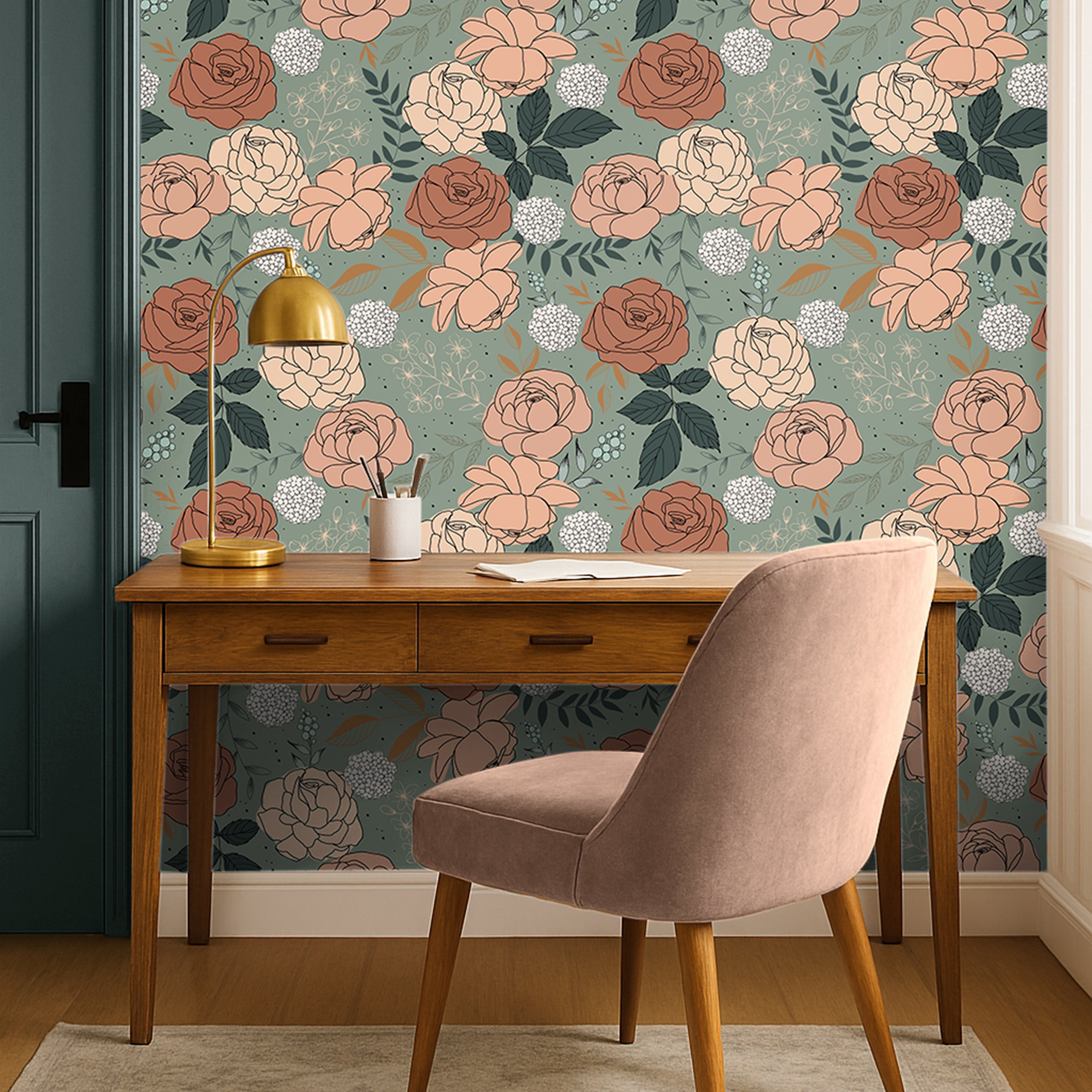 Teal background with pink and blush florals styled in warm wooden office interior