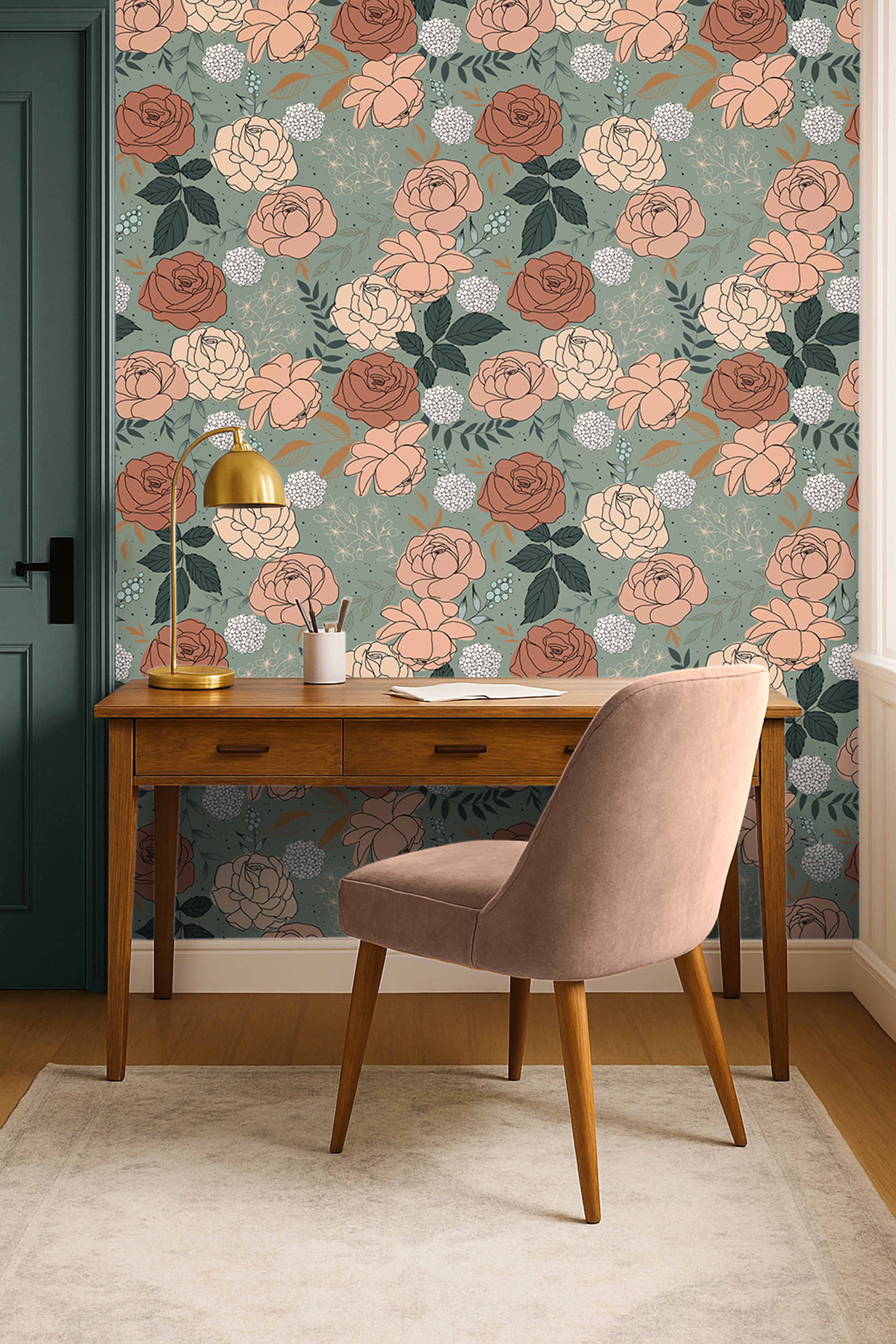 Teal background with pink and blush florals styled in warm wooden office interior