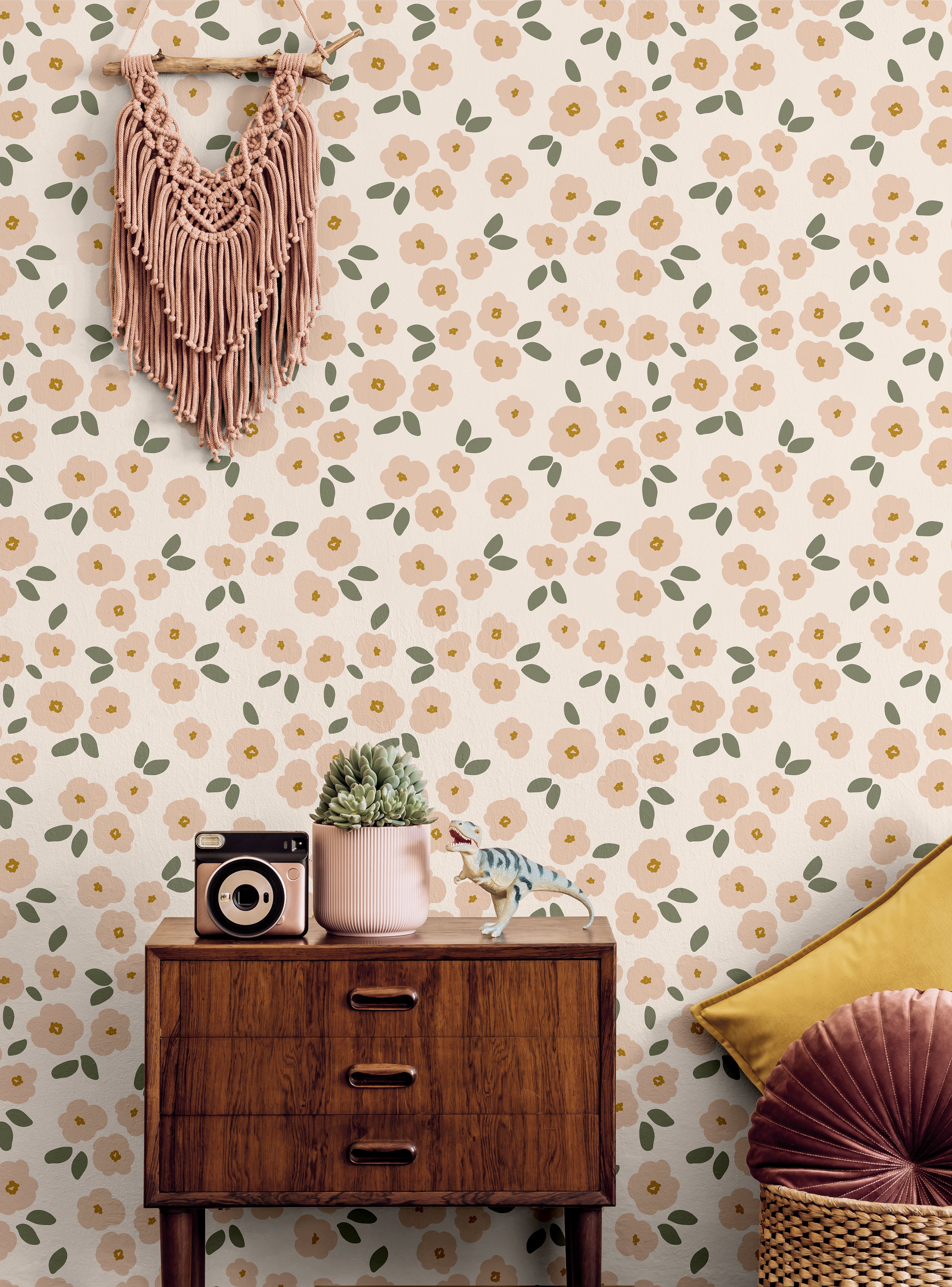 Pink flowers on cream background in kids boho bedroom