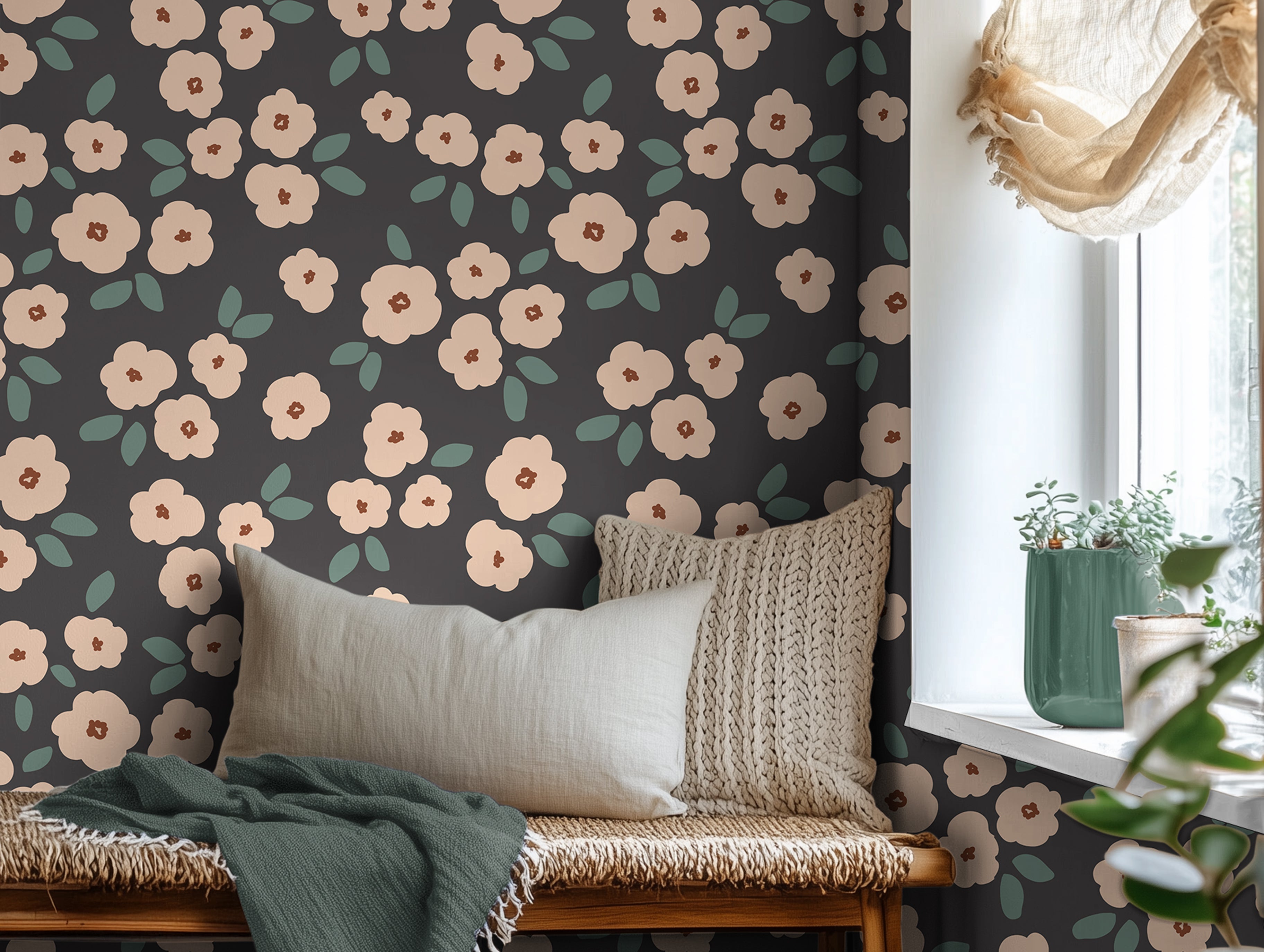 blush pink flowers on navy background in well lit day bed area