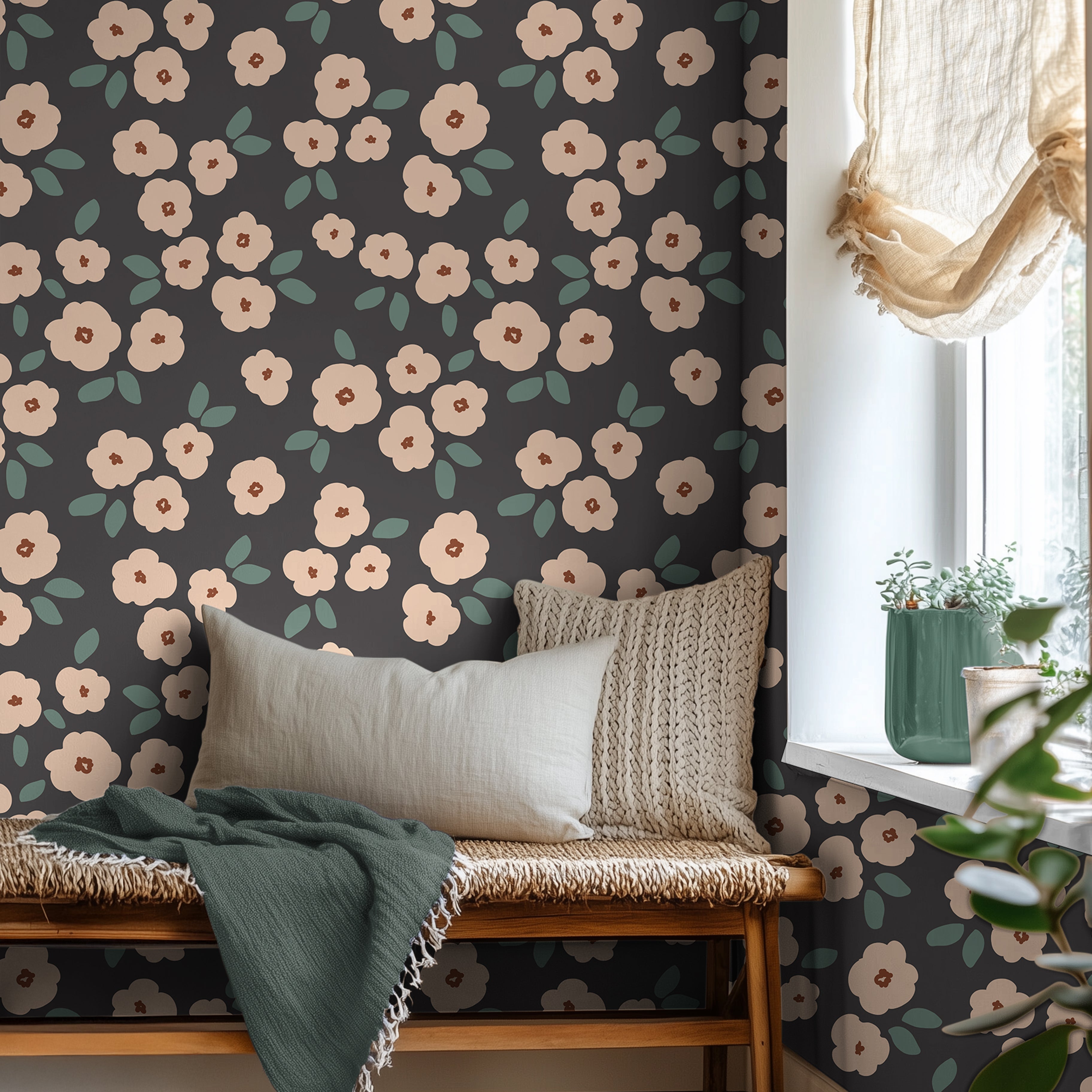 blush pink flowers on navy background in well lit day bed area