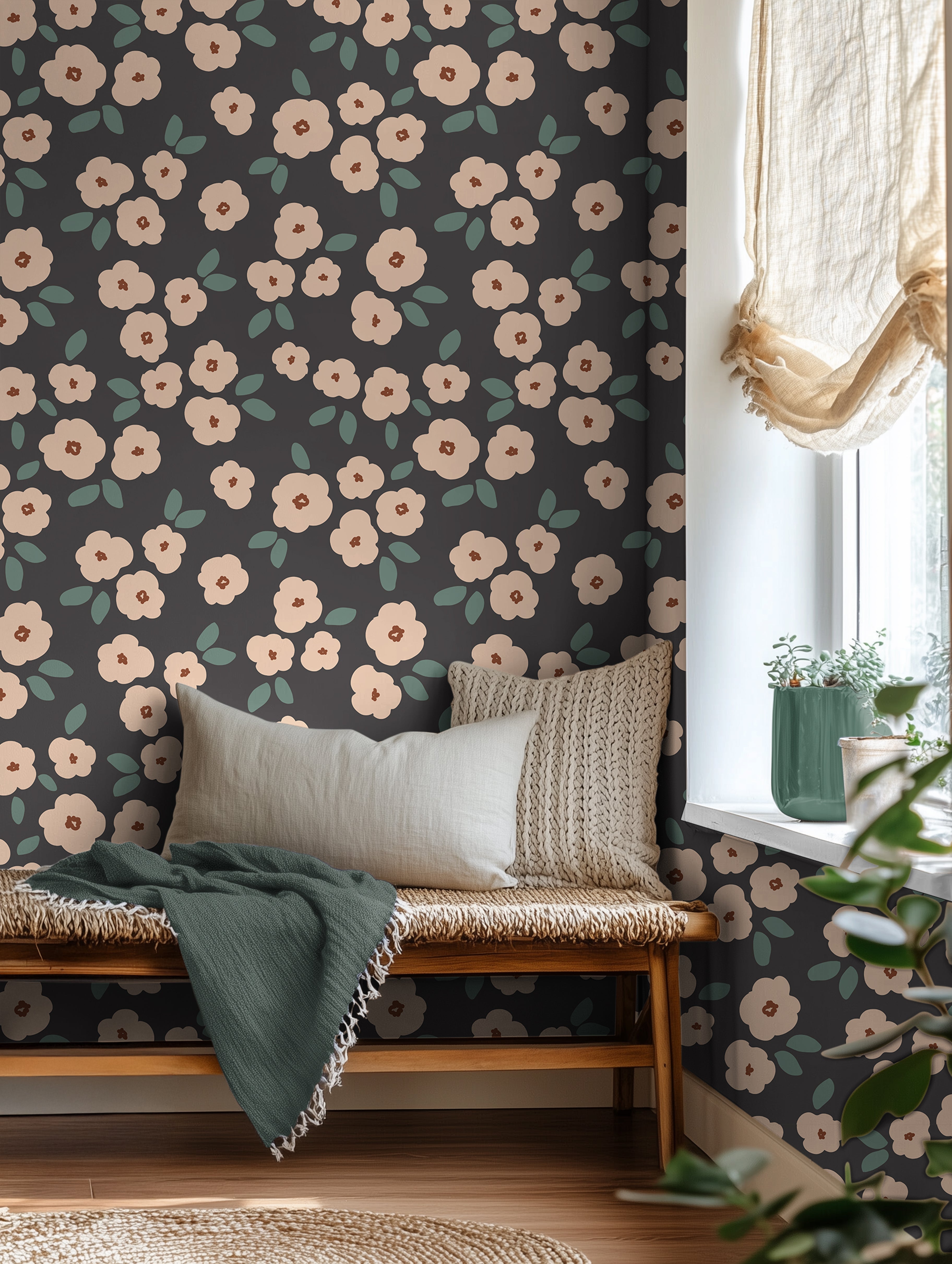 blush pink flowers on navy background in well lit day bed area