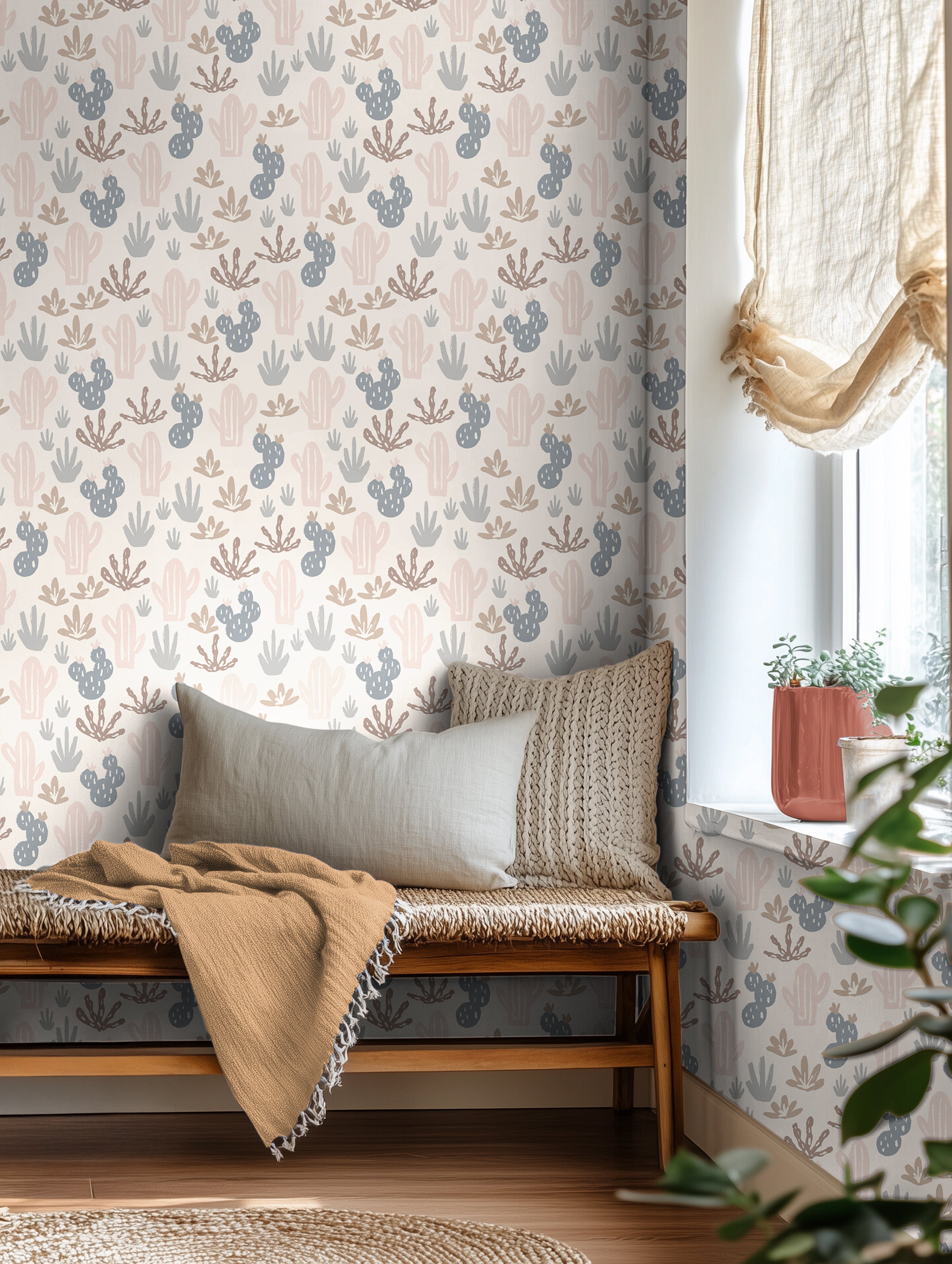 Blue orange and pink muted boho cacti with warm day bed