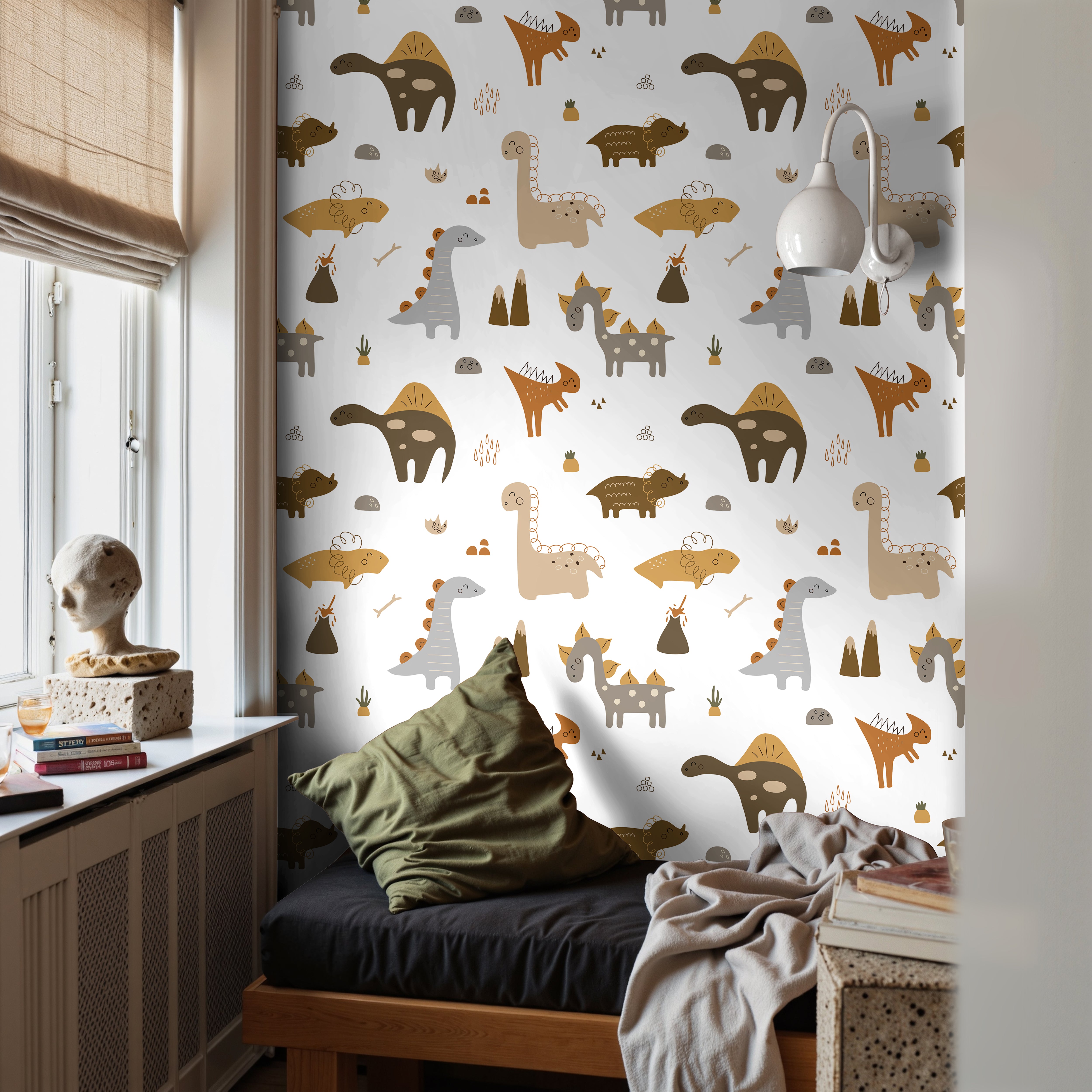 Various dinosaurs in boho colors styled in teens bedroom