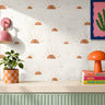 Warm golden rising suns on white background with stars around in eclectic living space