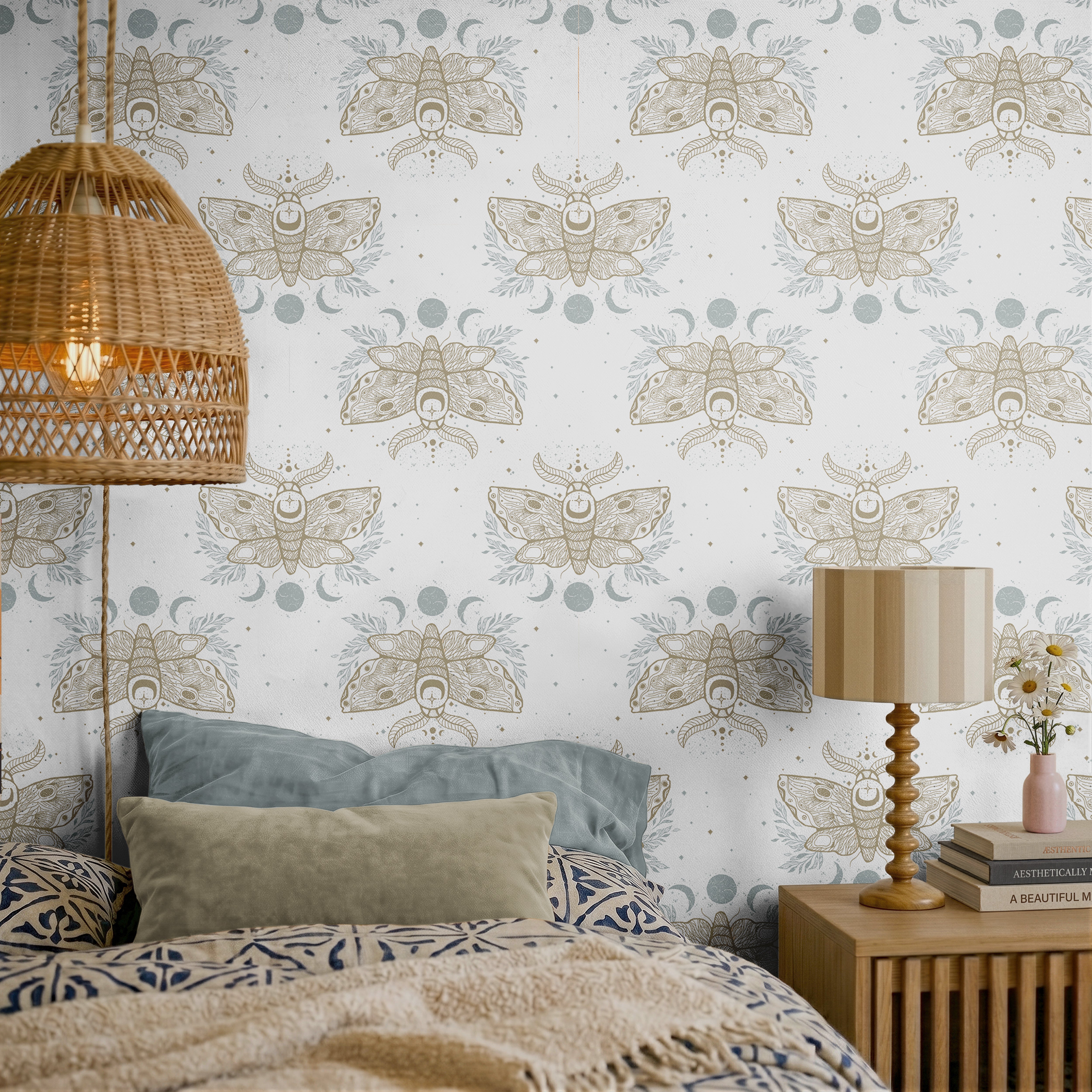 Brown celestial mystic drawn moths, with blue moons and motifs with white background in boho bedroom
