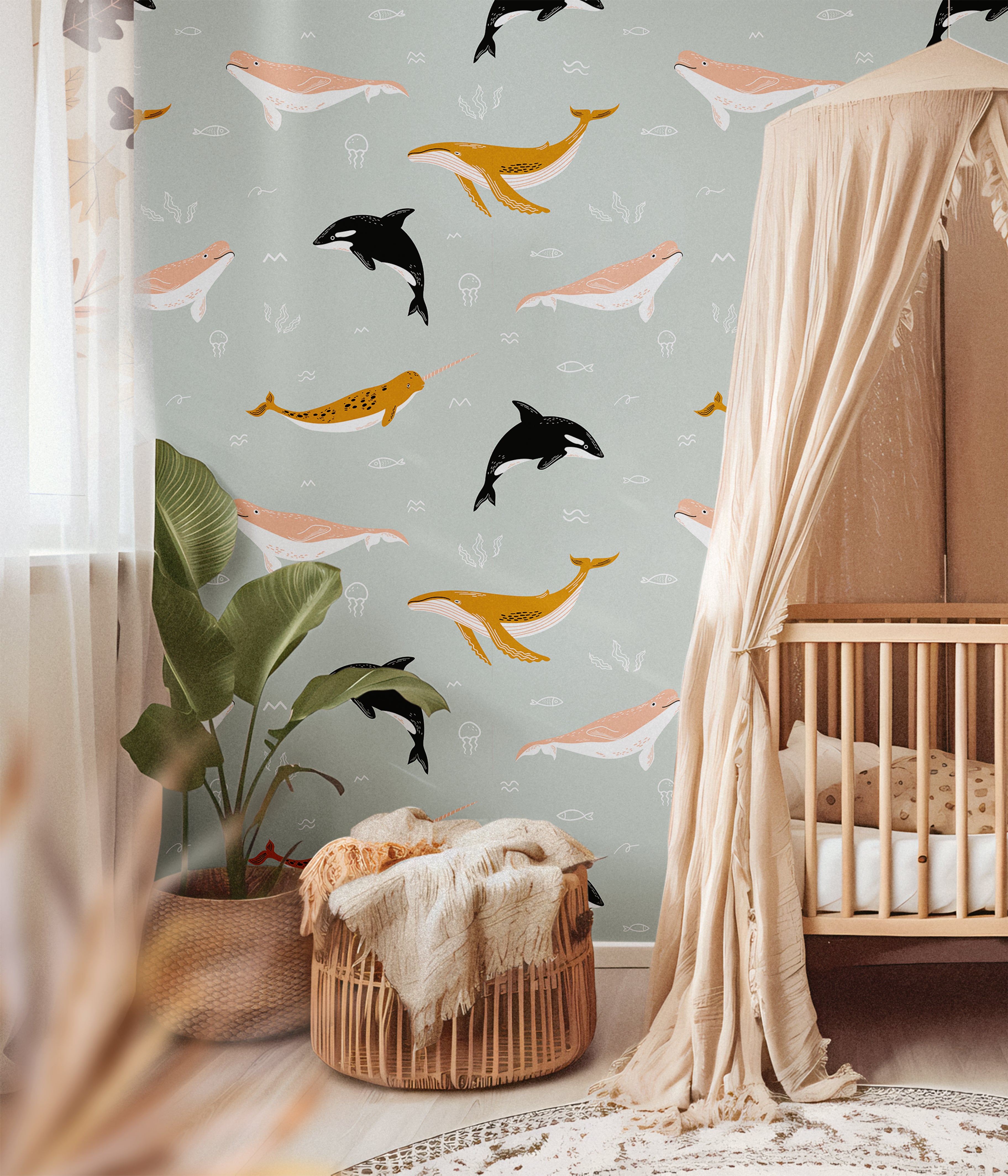 Whales in boho colors styled in a beige themed nursery